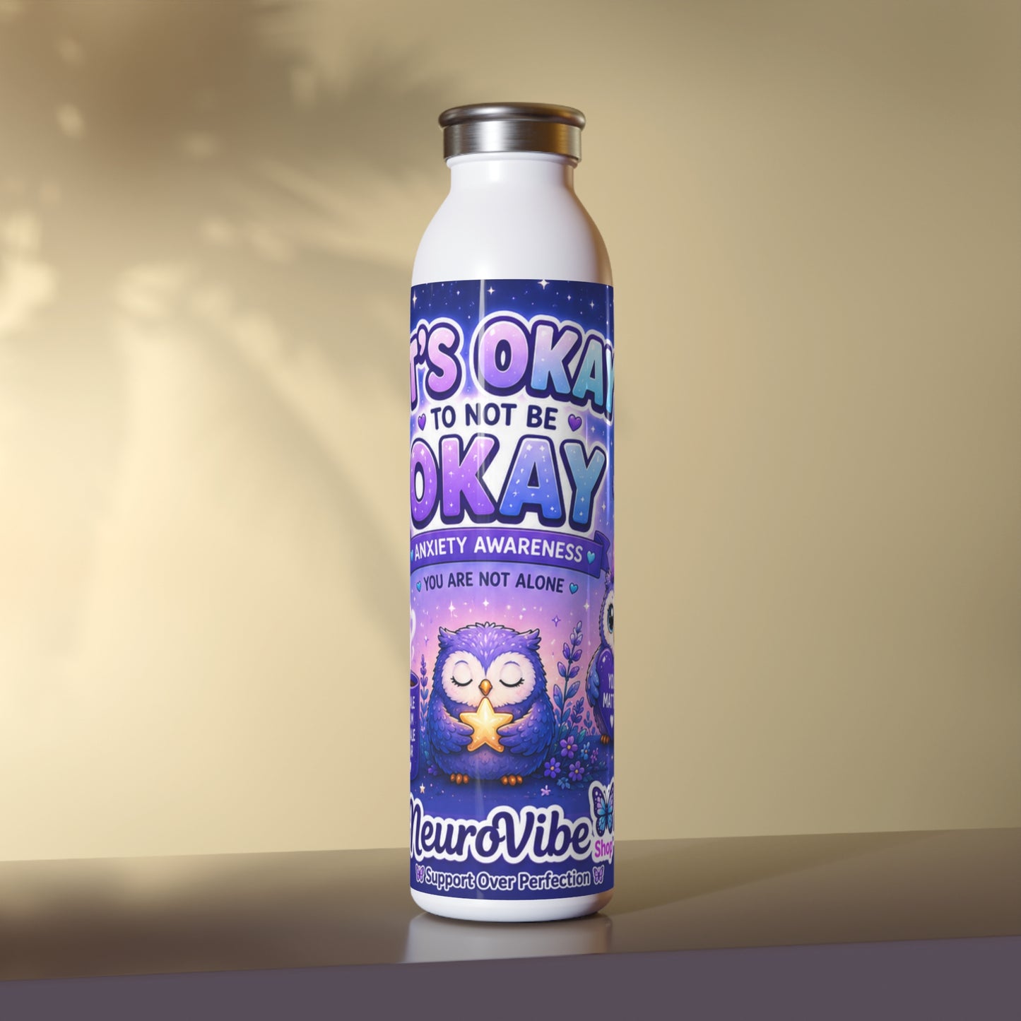 NeuroVibe Anxiety Awareness Water Bottle | “It’s Okay to Not Be Okay” Owl Mental Health Tumbler | NeuroVibe Shop™