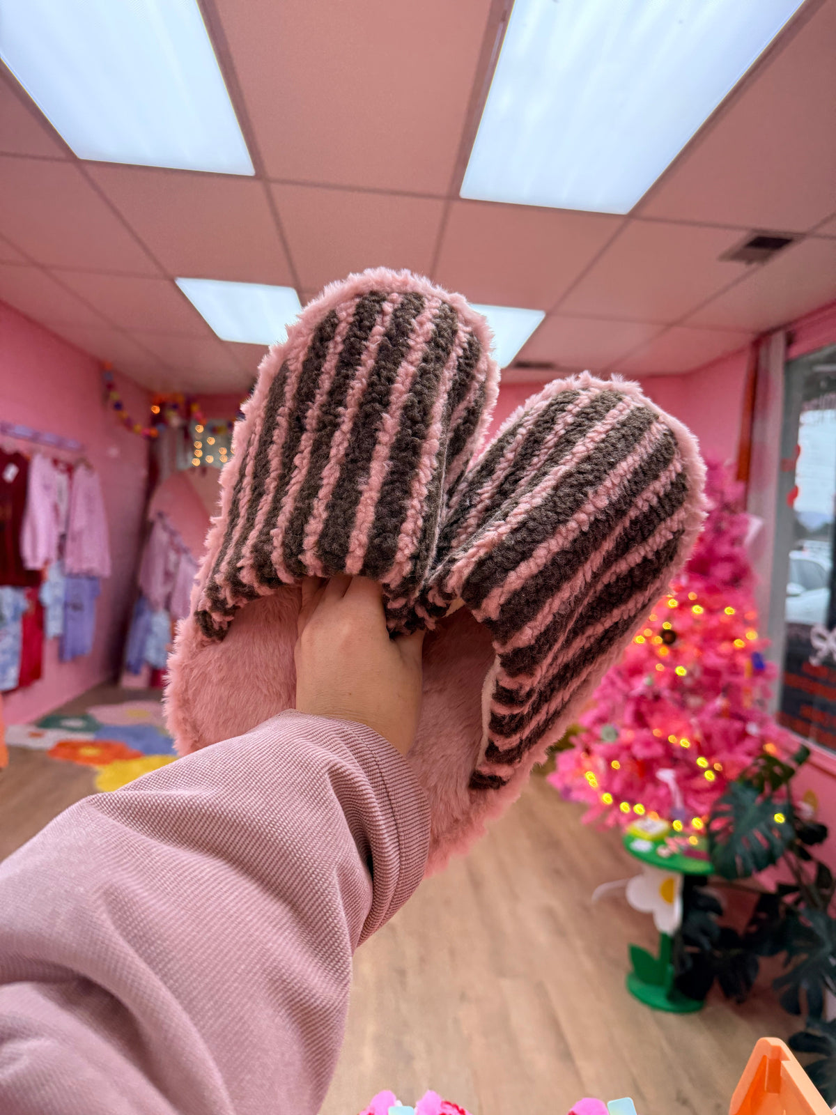 Fuzzy Striped Pink and Brown Slippers