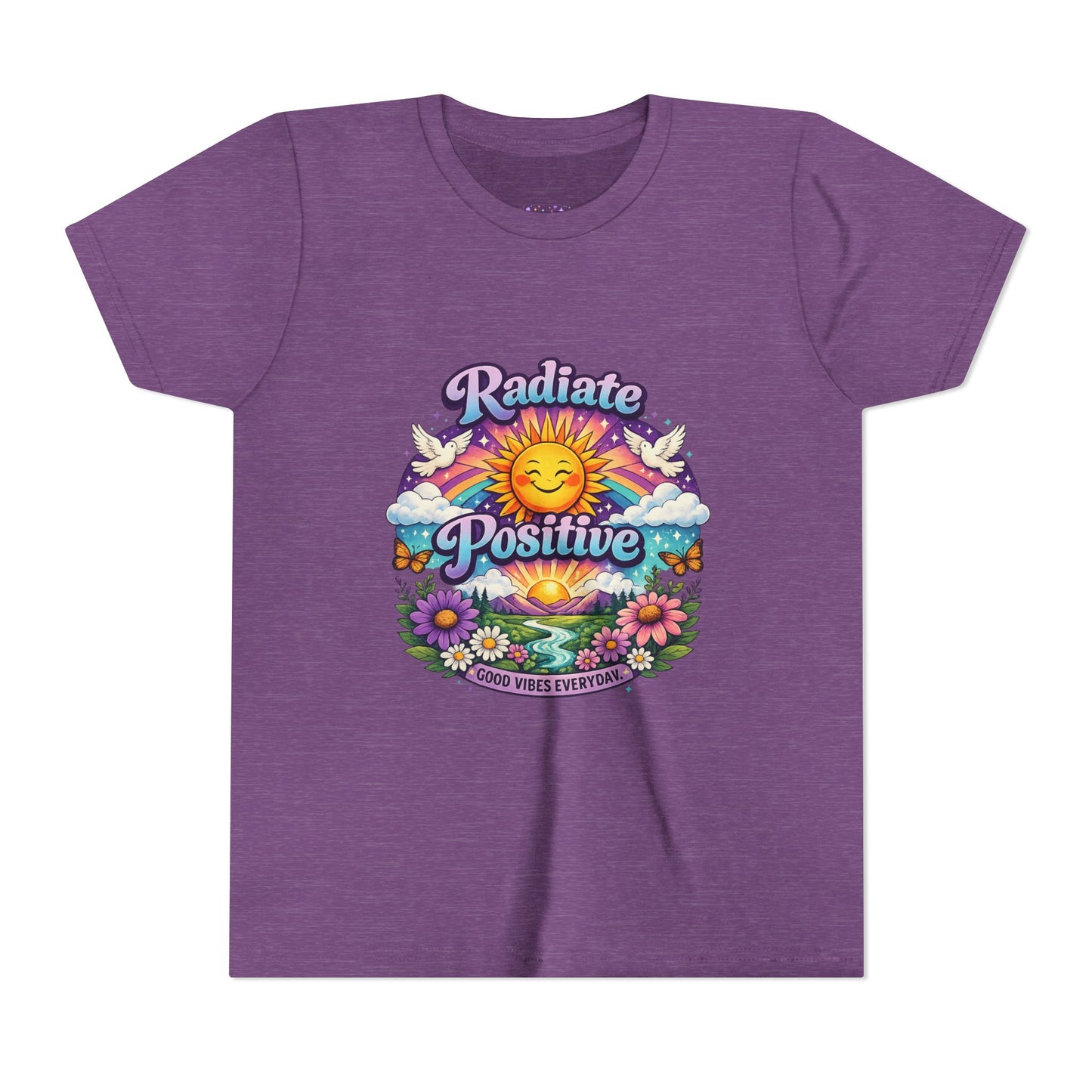 Youth Radiate Positive T-Shirt – Purple & Teal Retro Sunshine Inspirational Graphic Tee | Good Vibes Everyday Boho Floral Shirt | Motivational Mental Health Apparel