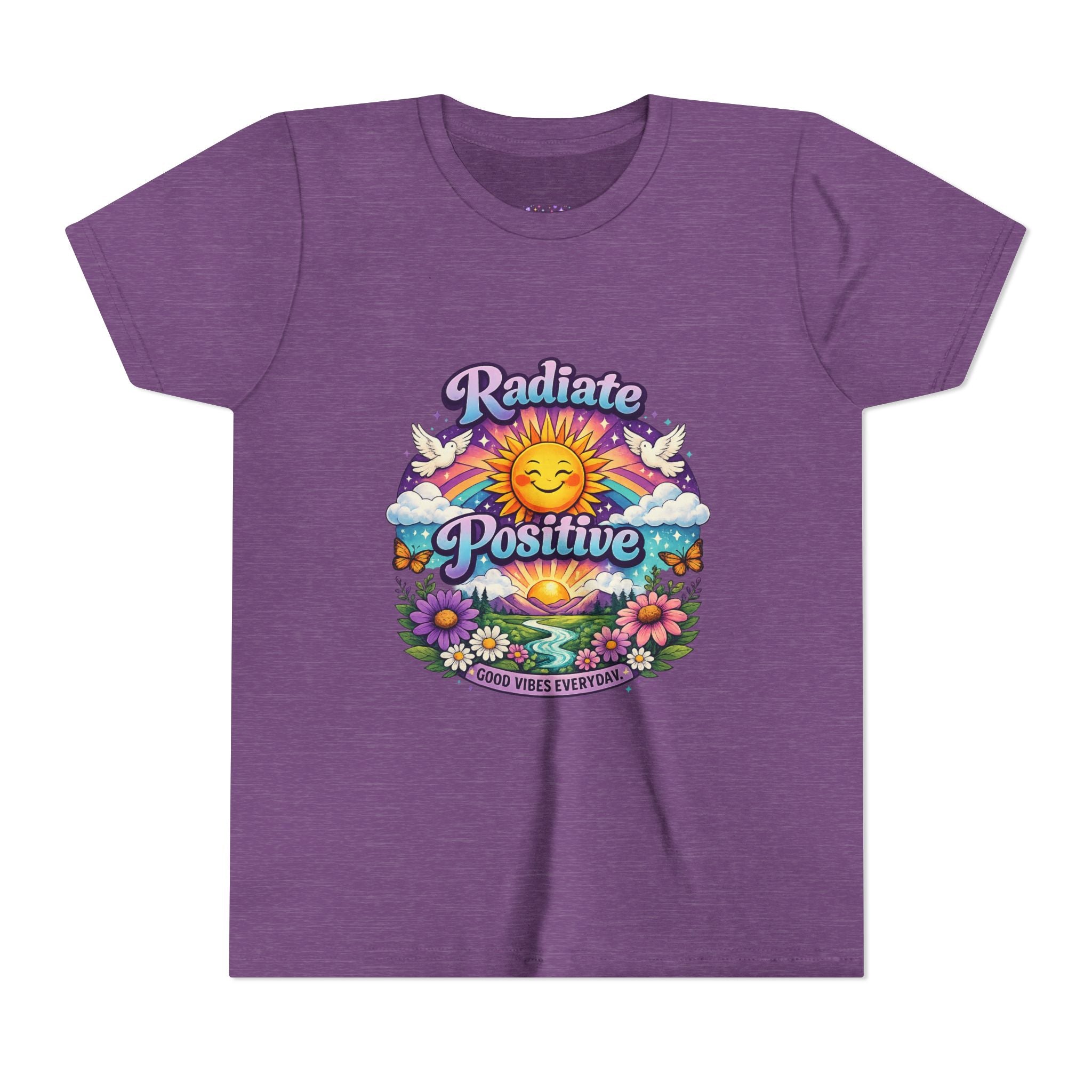 Youth Radiate Positive T-Shirt – Purple & Teal Retro Sunshine Inspirational Graphic Tee | Good Vibes Everyday Boho Floral Shirt | Motivational Mental Health Apparel