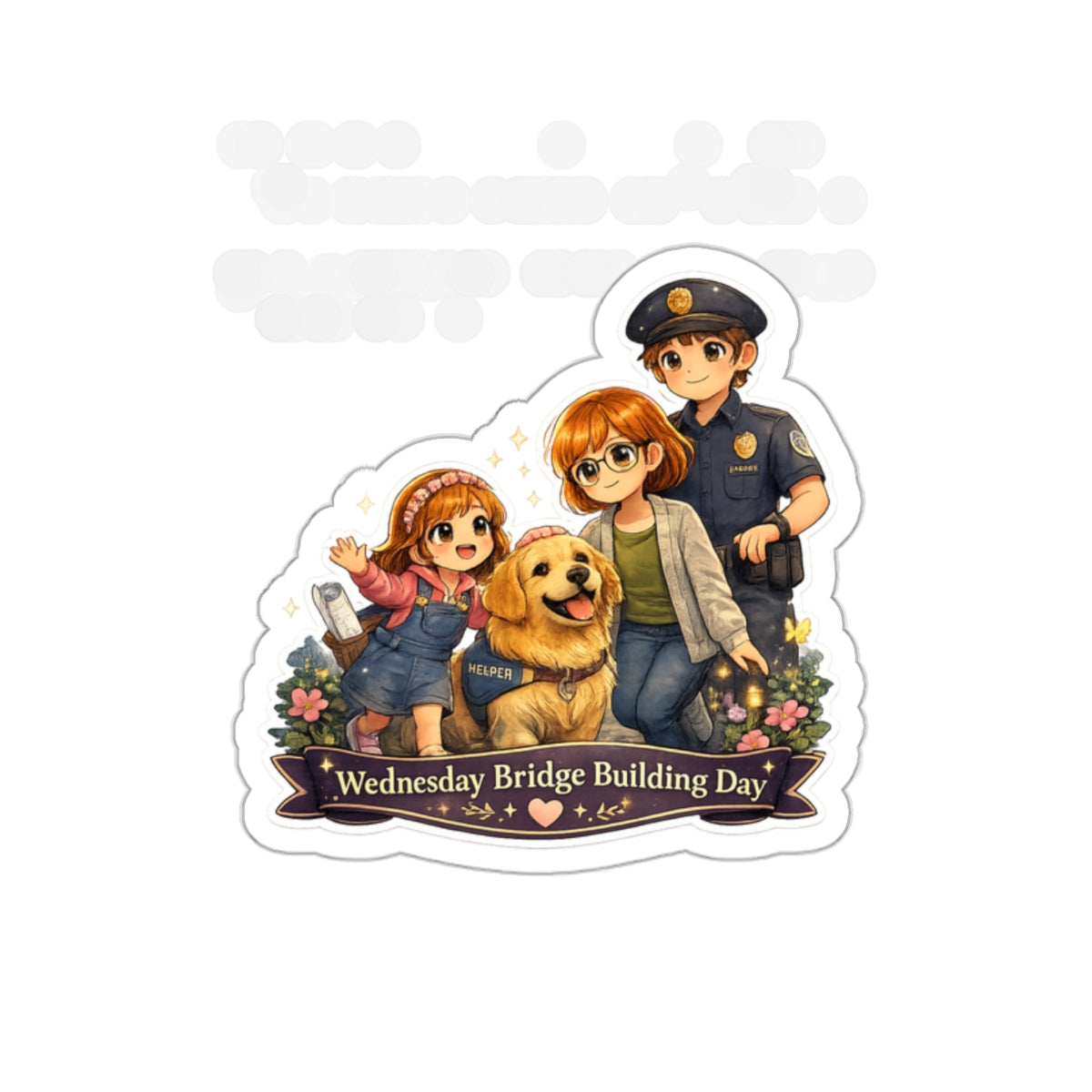 Wednesday Bridge Building Day Sticker | Lyra, Sylvia, Mochi & Officer Kaelen | NeuroVibe Stories Character Sticker