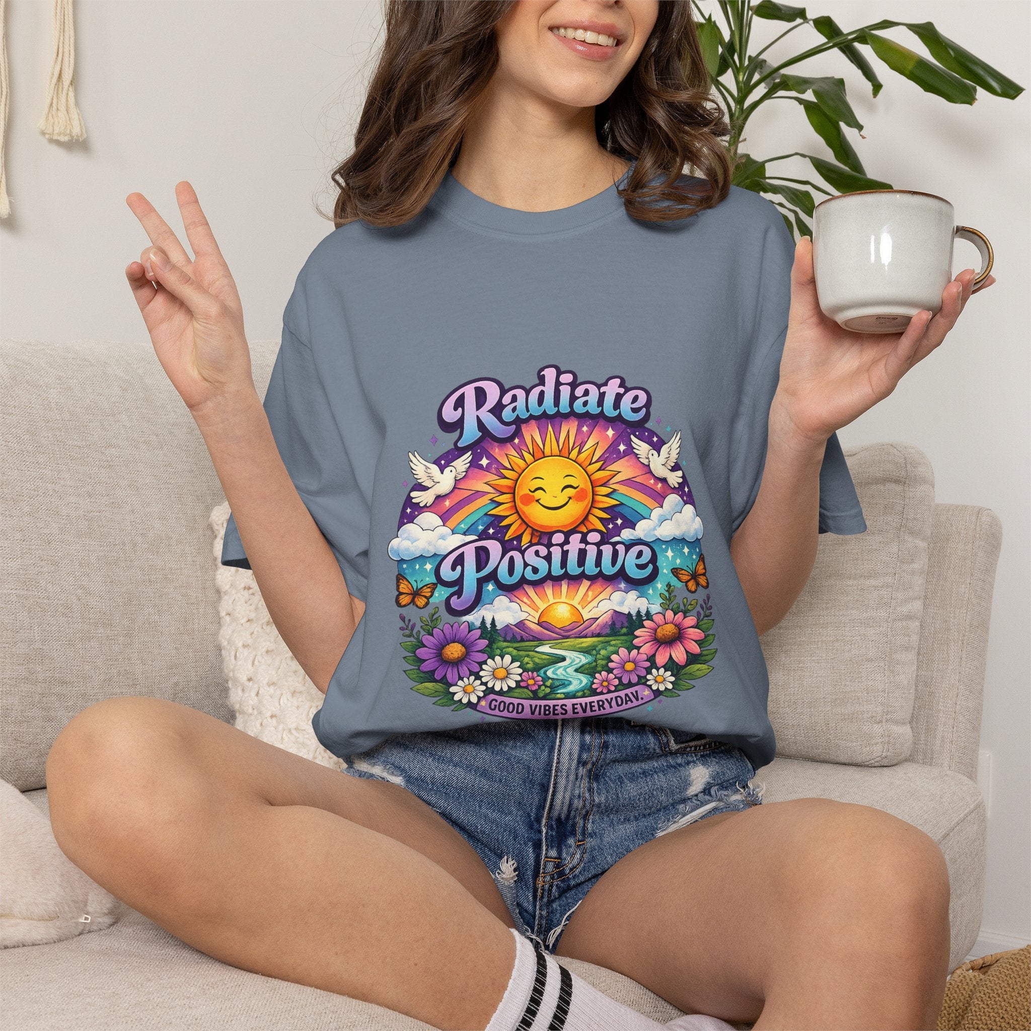 Radiate Positive Shirt – Groovy Purple & Teal Sunshine Floral Tee | Mental Health Awareness Gift