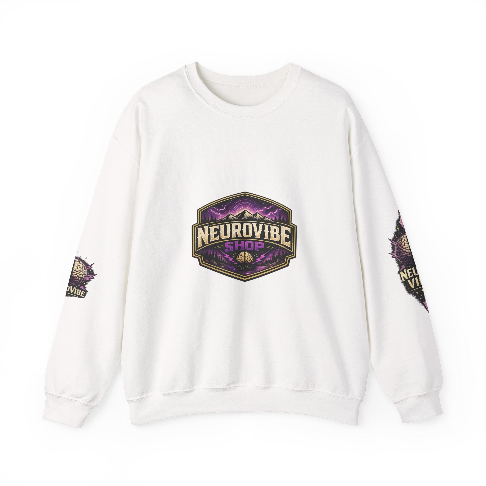 NeuroVibe Shop Ignite Your Mind Crewneck Sweatshirt | Purple Lightning Brain Graphic | Neurodiversity Awareness Pullover | Motivational Mental Health Apparel