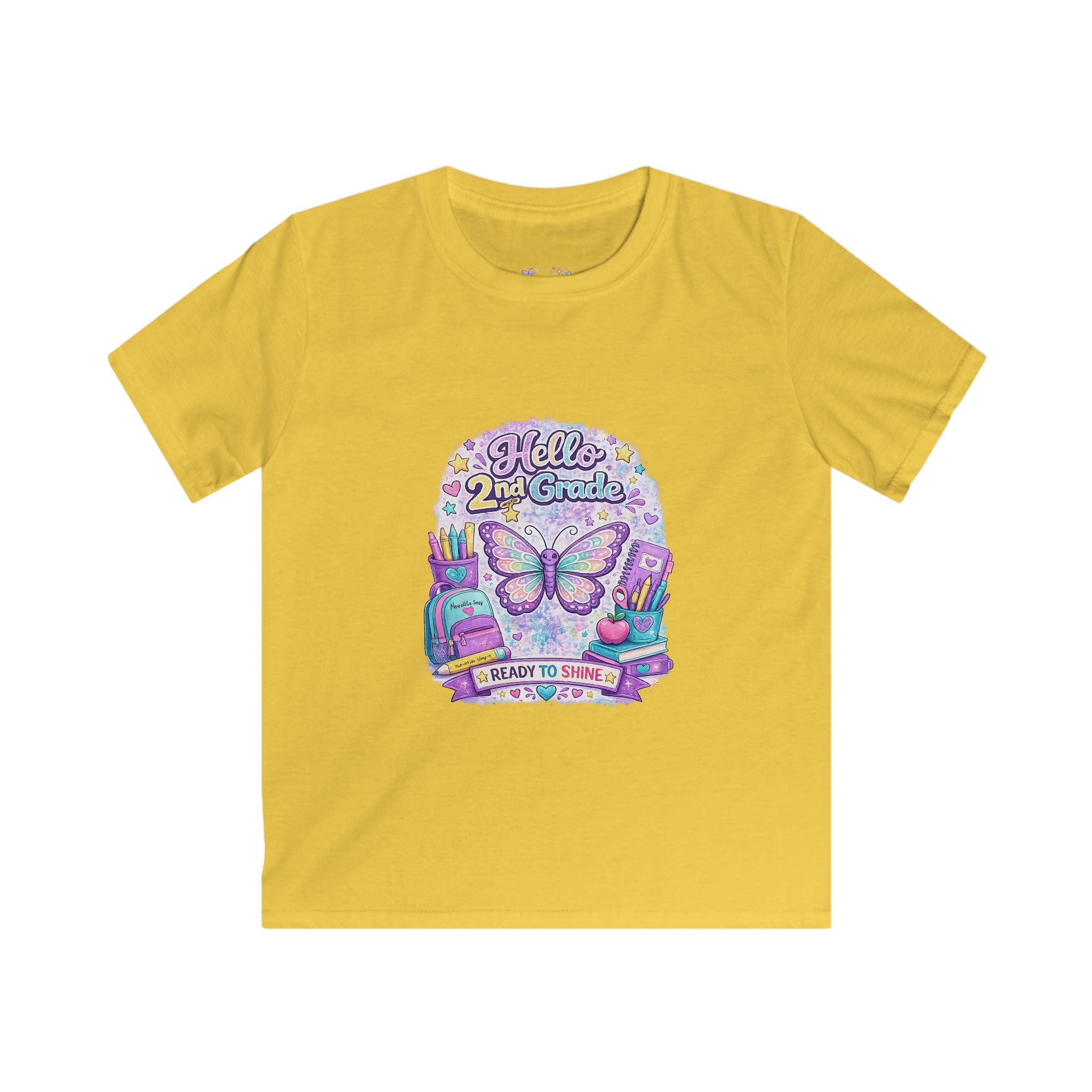 Hello 2nd Grade Ready to Shine T-Shirt | Second Grade Butterfly Shirt | First Day of School Tee | Back to School Kids Apparel 🦋🎒📚💜✨