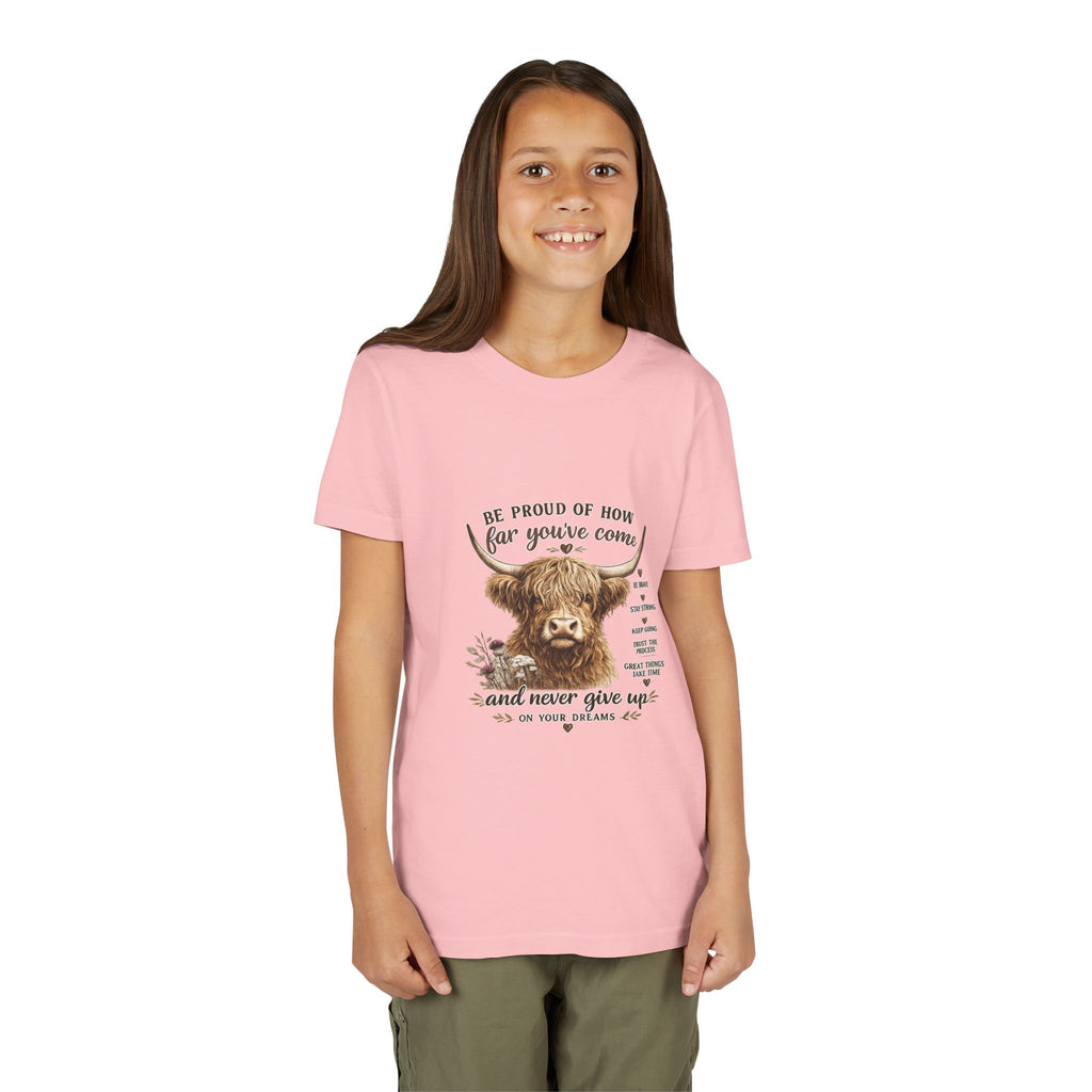 Highland Cow Kids T-Shirt | Be Proud of How Far You’ve Come Motivational Youth Tee | Inspirational Farm Animal Shirt for Boys & Girls