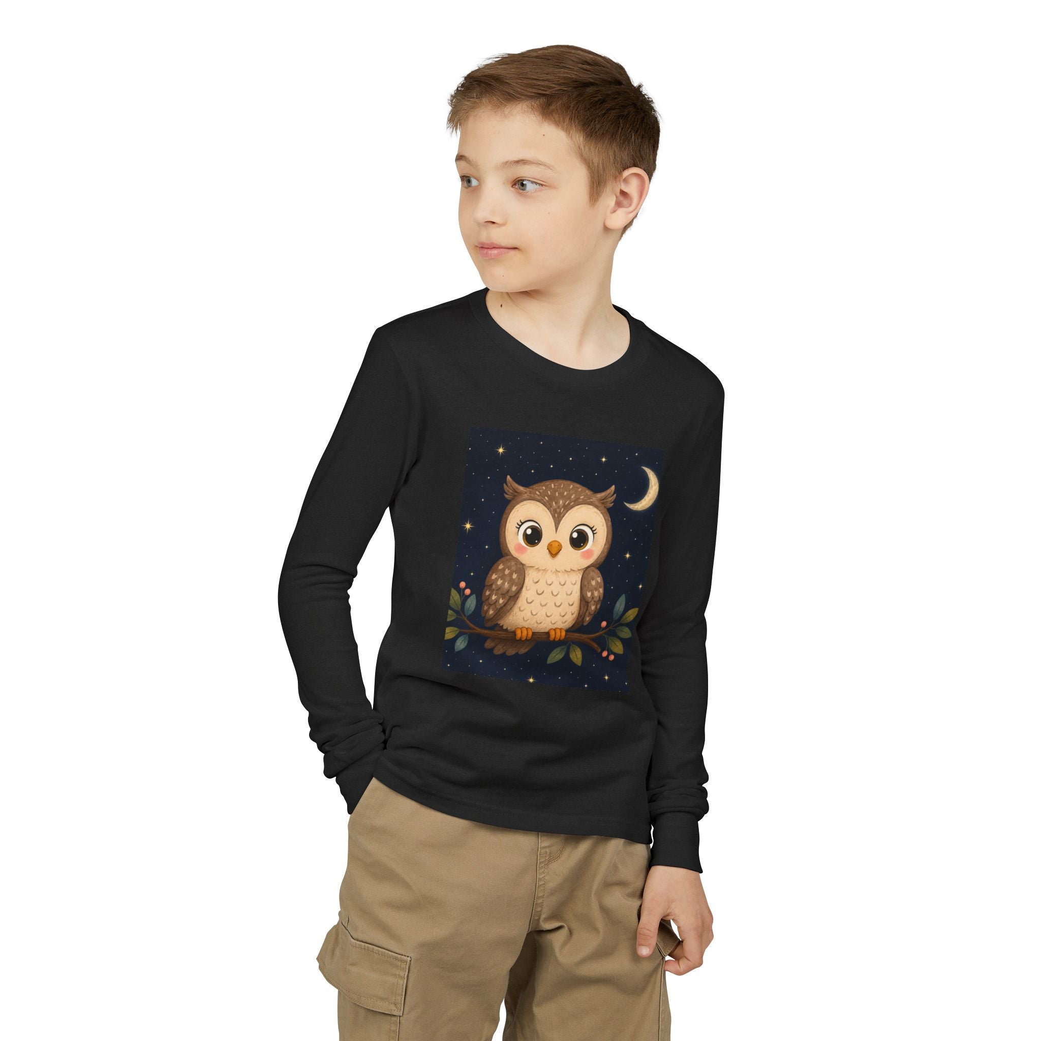 Cute Owl Youth Long Sleeve Shirt | Moon & Stars Night Owl Kids Graphic Tee | NeuroVibe Shop™
