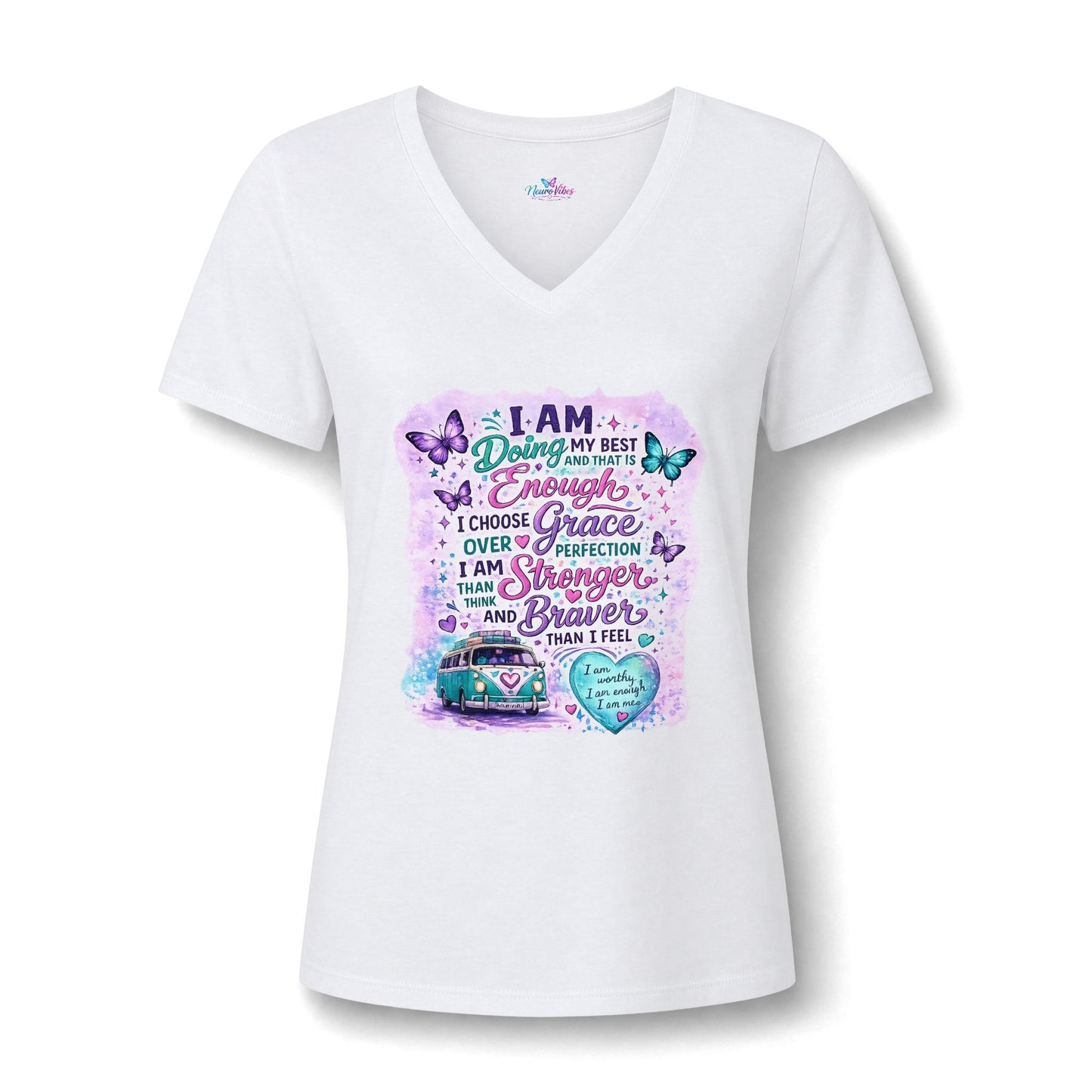 V‑Neck Tee — NeuroVibes Positive Affirmation T-Shirt | Choose Grace Over Perfection 💜🦋