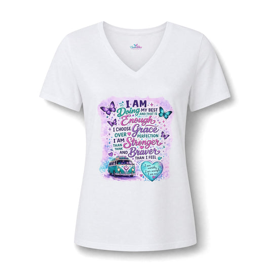 V‑Neck Tee — NeuroVibes Positive Affirmation T-Shirt | Choose Grace Over Perfection 💜🦋