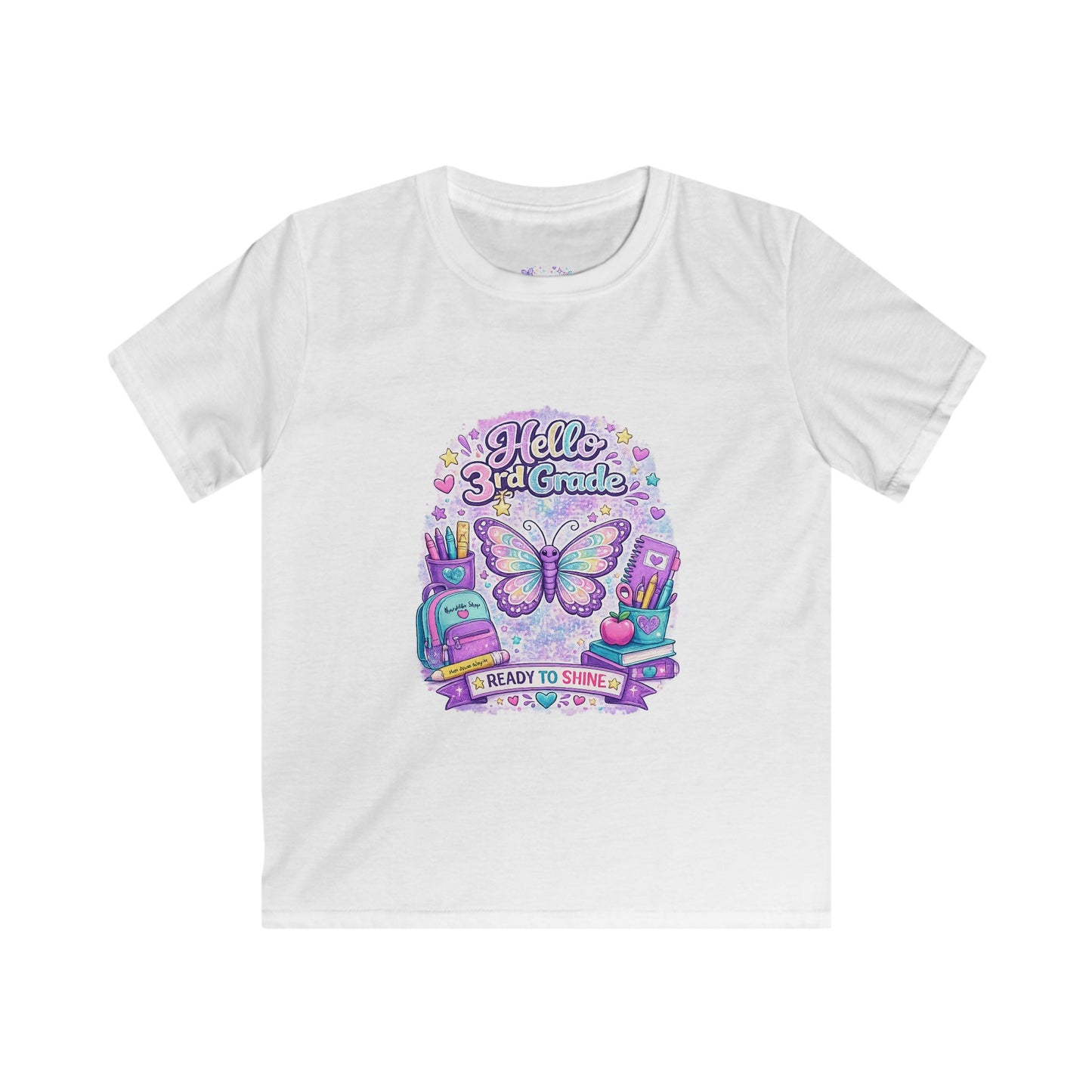 Hello 3rd Grade Ready to Shine T-Shirt | Third Grade Butterfly Shirt | First Day of School Tee | Back to School Kids Apparel 🦋🎒📚💜✨