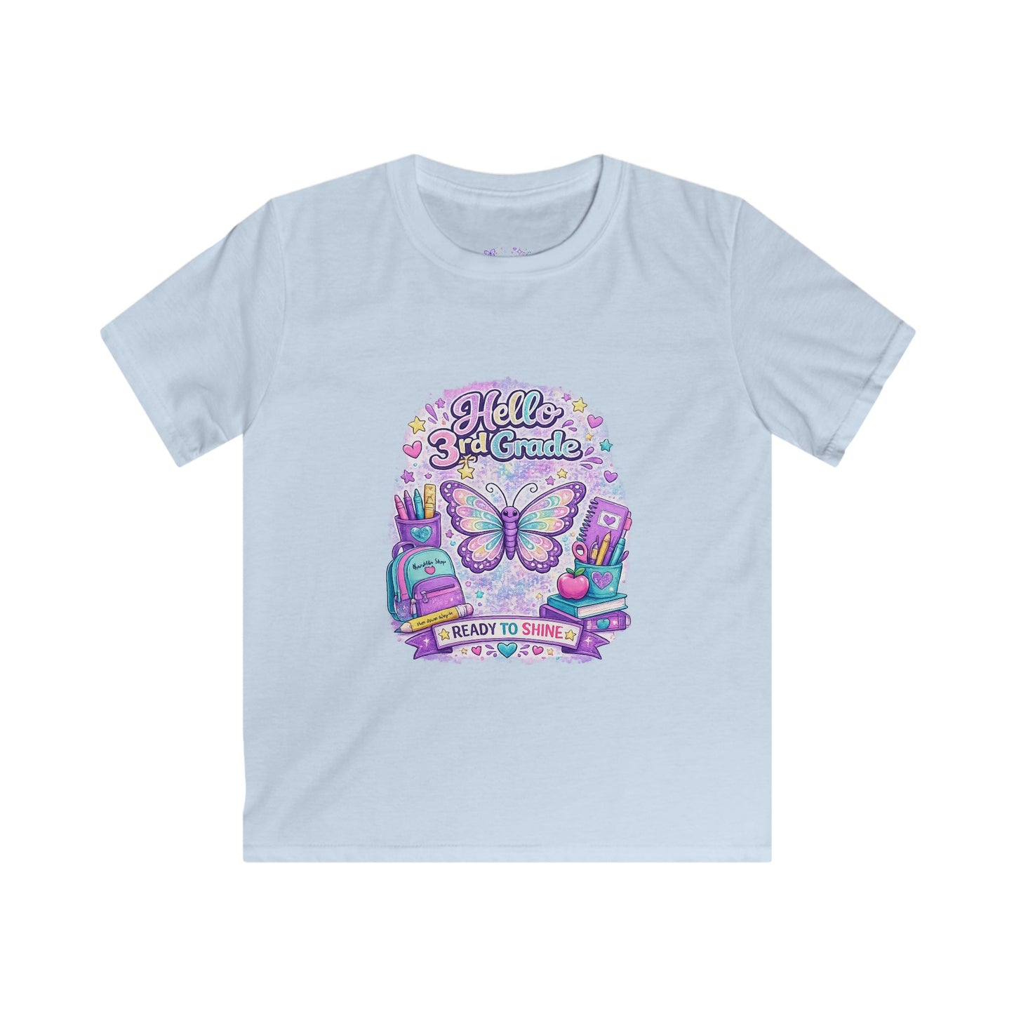 Hello 3rd Grade Ready to Shine T-Shirt | Third Grade Butterfly Shirt | First Day of School Tee | Back to School Kids Apparel 🦋🎒📚💜✨