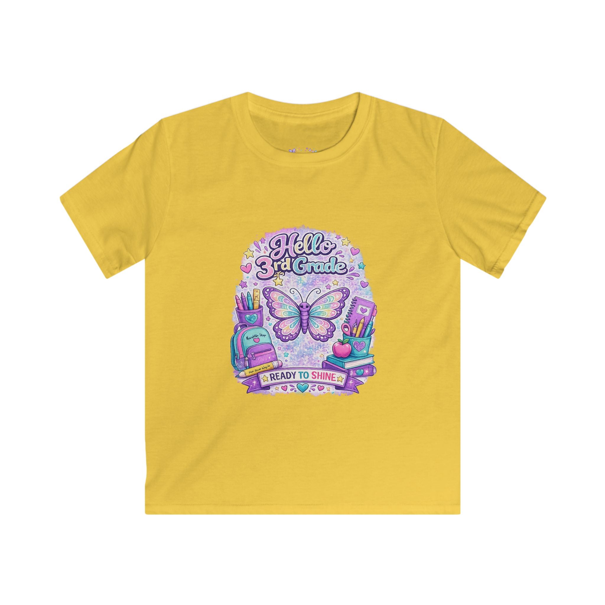 Hello 3rd Grade Ready to Shine T-Shirt | Third Grade Butterfly Shirt | First Day of School Tee | Back to School Kids Apparel 🦋🎒📚💜✨