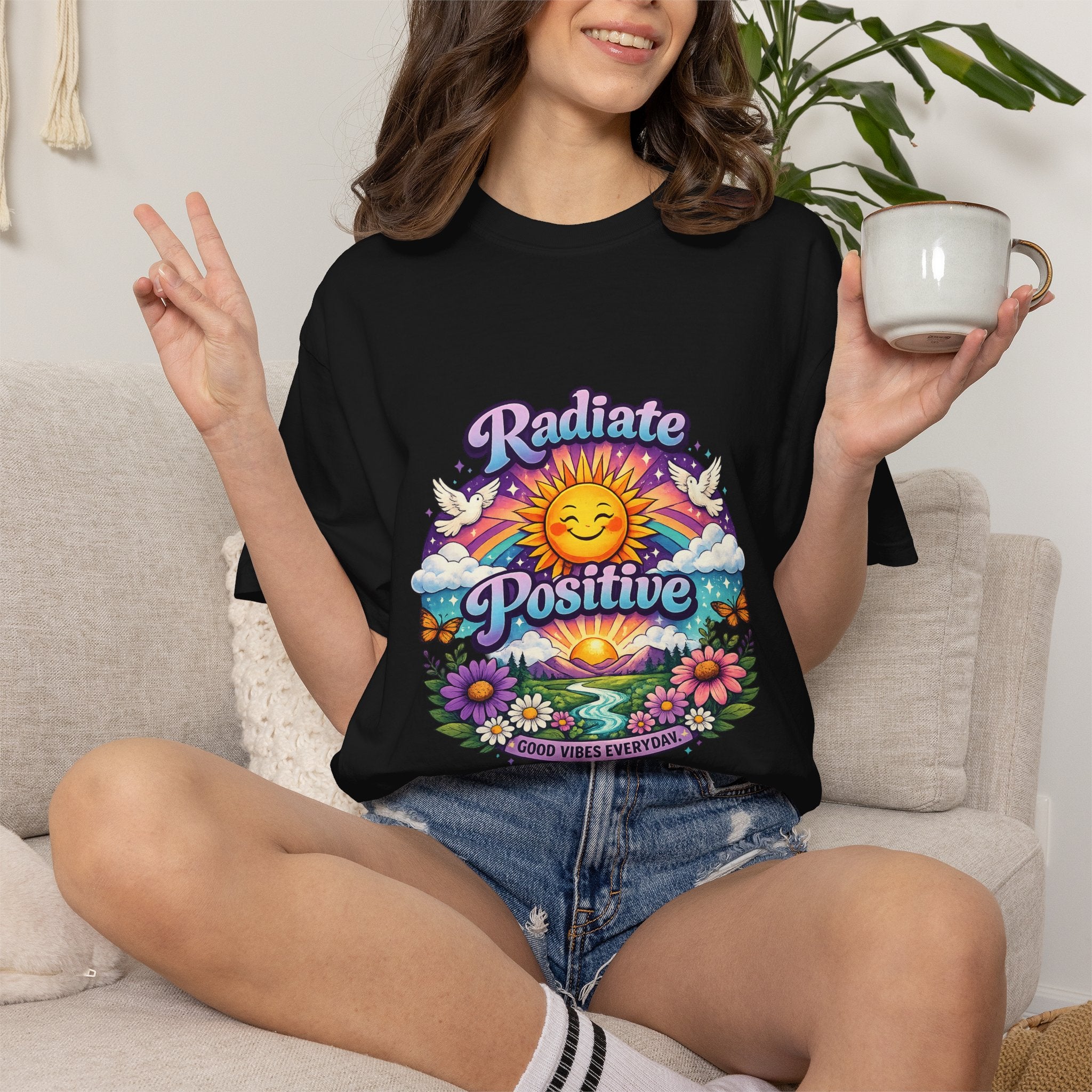 Radiate Positive Shirt – Groovy Purple & Teal Sunshine Floral Tee | Mental Health Awareness Gift