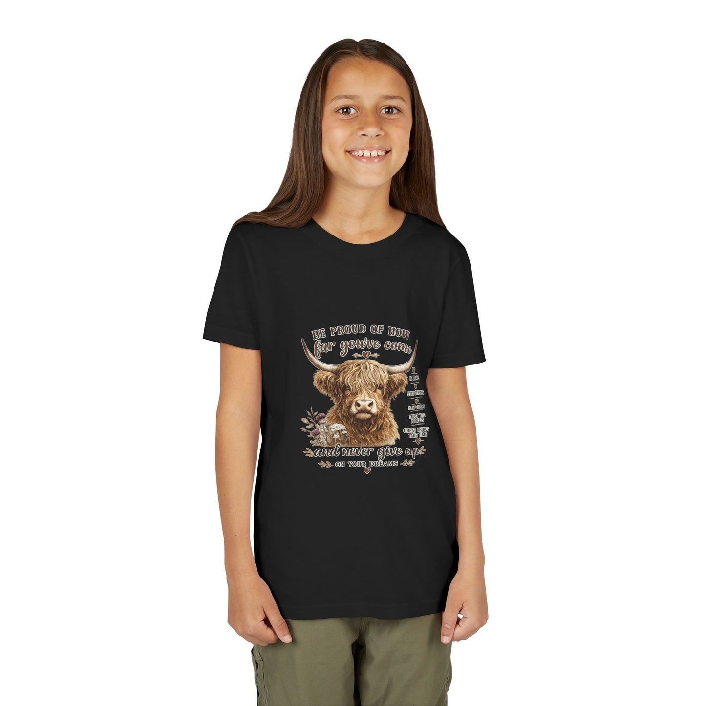 Highland Cow Kids T-Shirt | Be Proud of How Far You’ve Come Motivational Youth Tee | Inspirational Farm Animal Shirt for Boys & Girls
