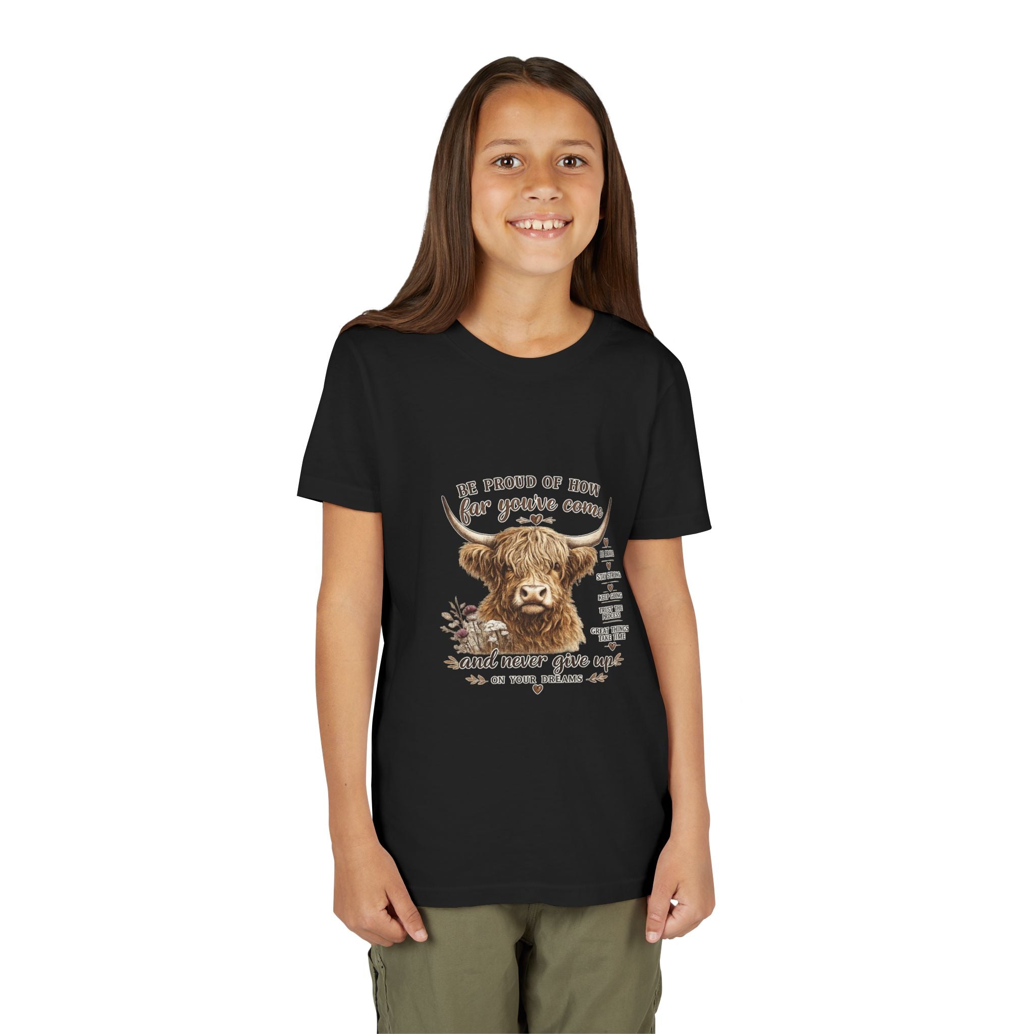 Highland Cow Kids T-Shirt | Be Proud of How Far You’ve Come Motivational Youth Tee | Inspirational Farm Animal Shirt for Boys & Girls