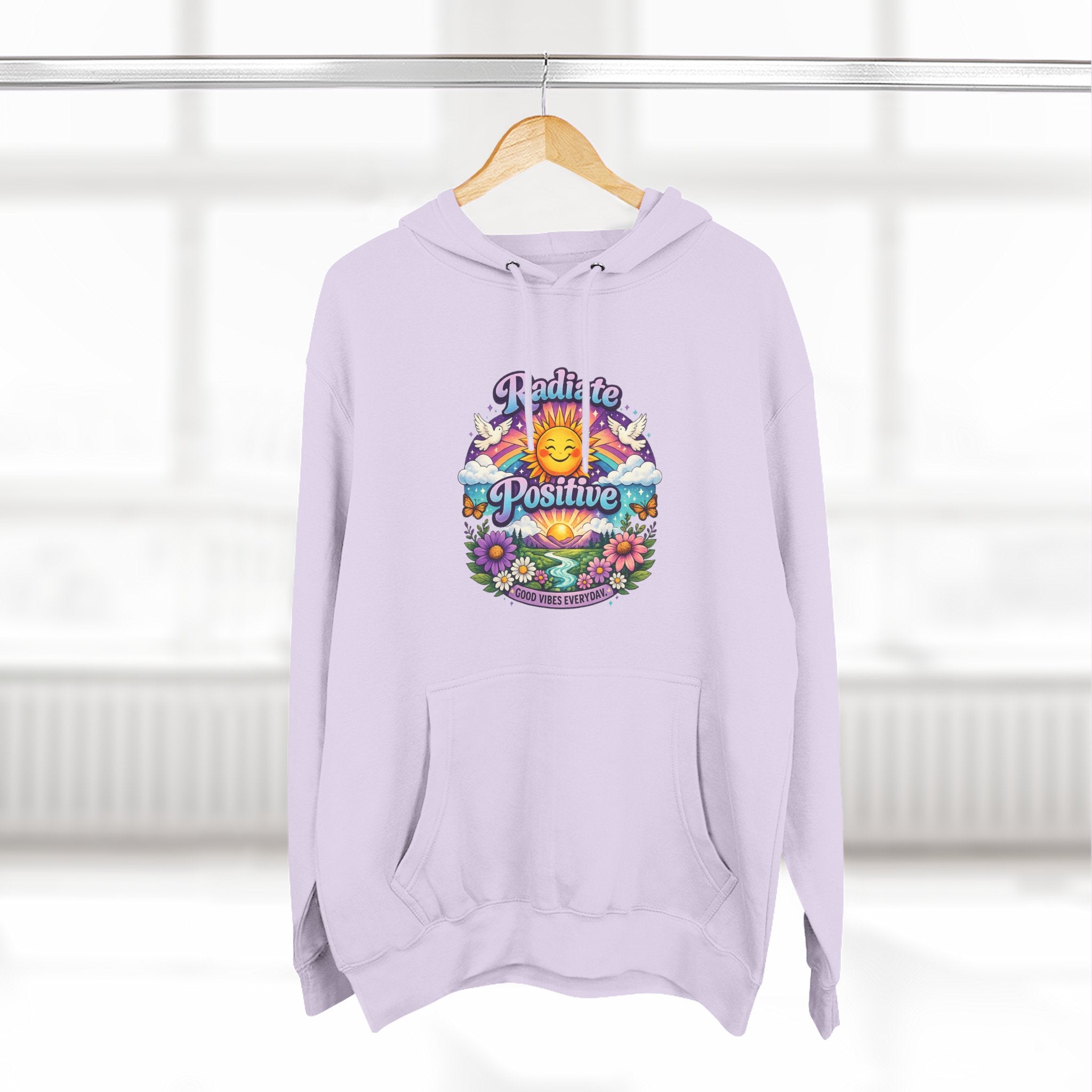 Radiate Positive Hoodie – Front Graphic with Cuddle Crew Back Design | Purple Teal Sunshine Hoodie | Positive Vibes Mental Health Apparel