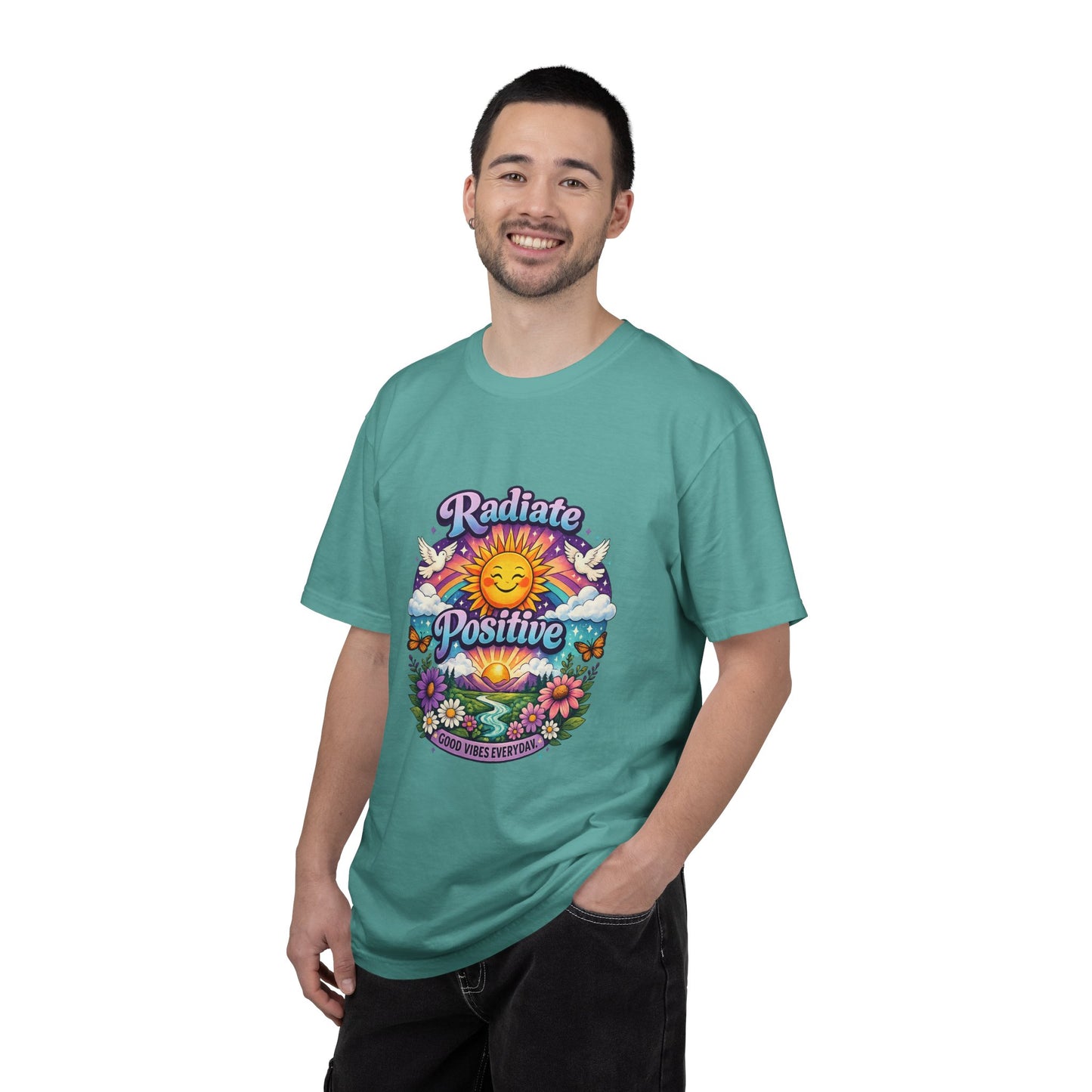 Radiate Positive Shirt – Groovy Purple & Teal Sunshine Floral Tee | Mental Health Awareness Gift