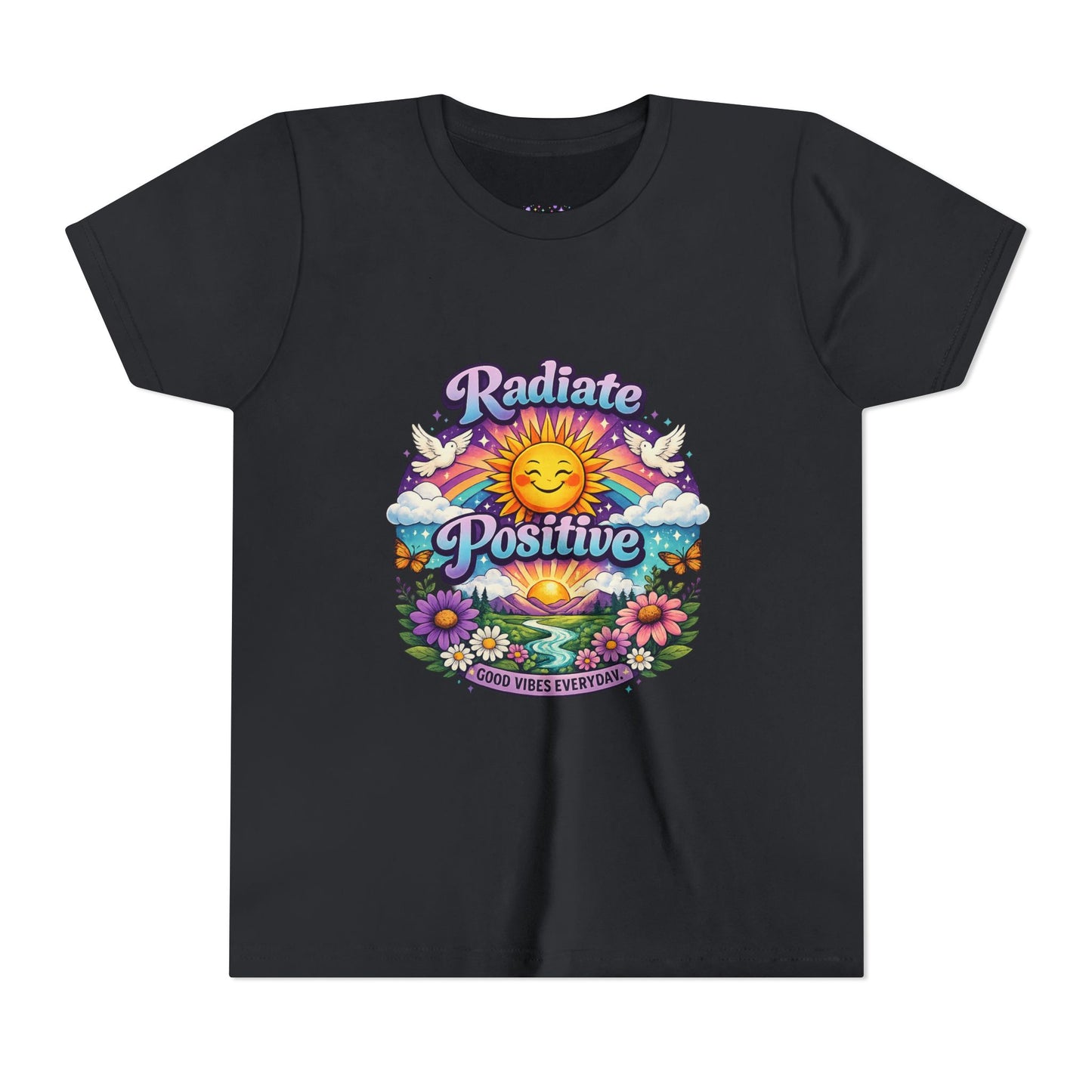 Youth Radiate Positive T-Shirt – Purple & Teal Retro Sunshine Inspirational Graphic Tee | Good Vibes Everyday Boho Floral Shirt | Motivational Mental Health Apparel