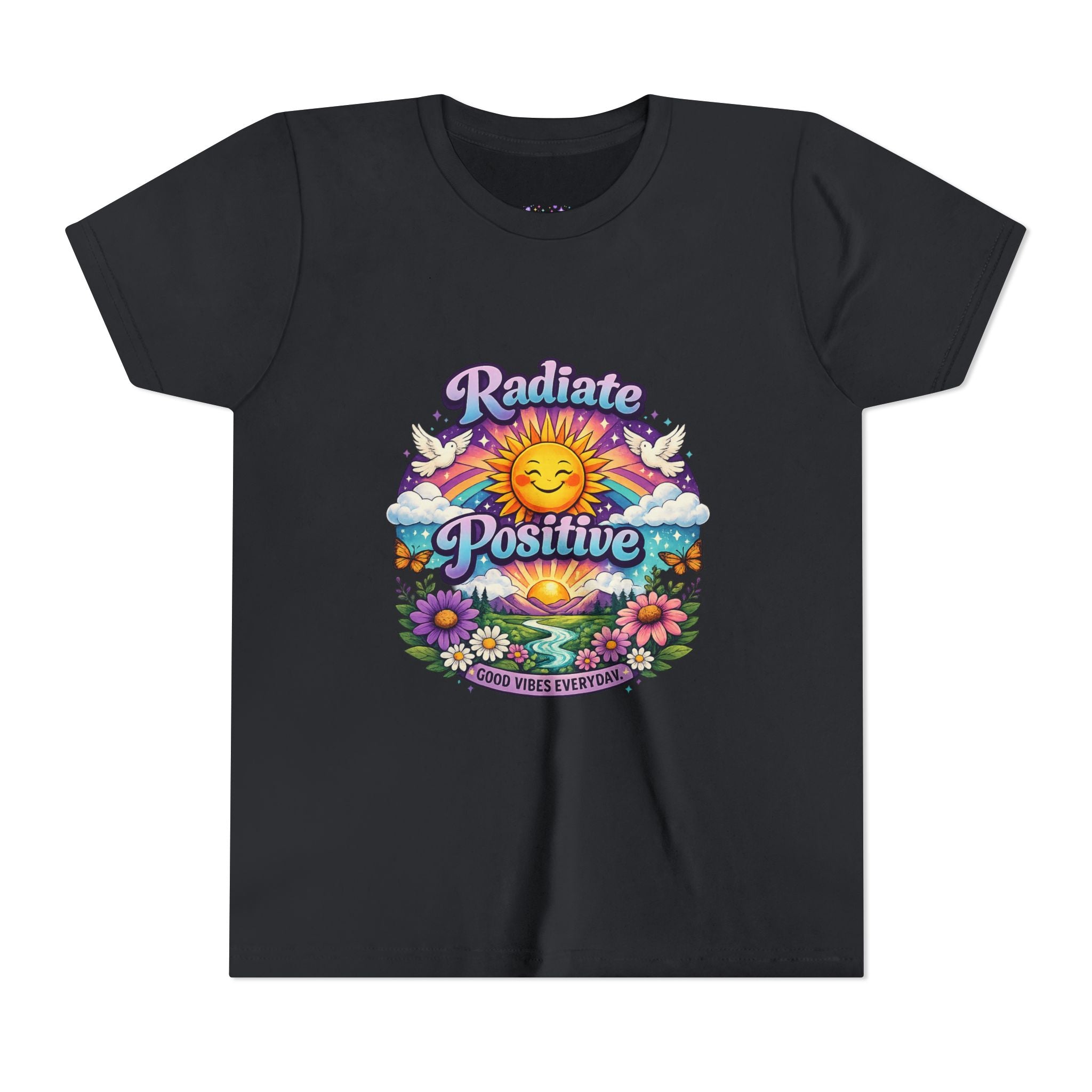 Youth Radiate Positive T-Shirt – Purple & Teal Retro Sunshine Inspirational Graphic Tee | Good Vibes Everyday Boho Floral Shirt | Motivational Mental Health Apparel