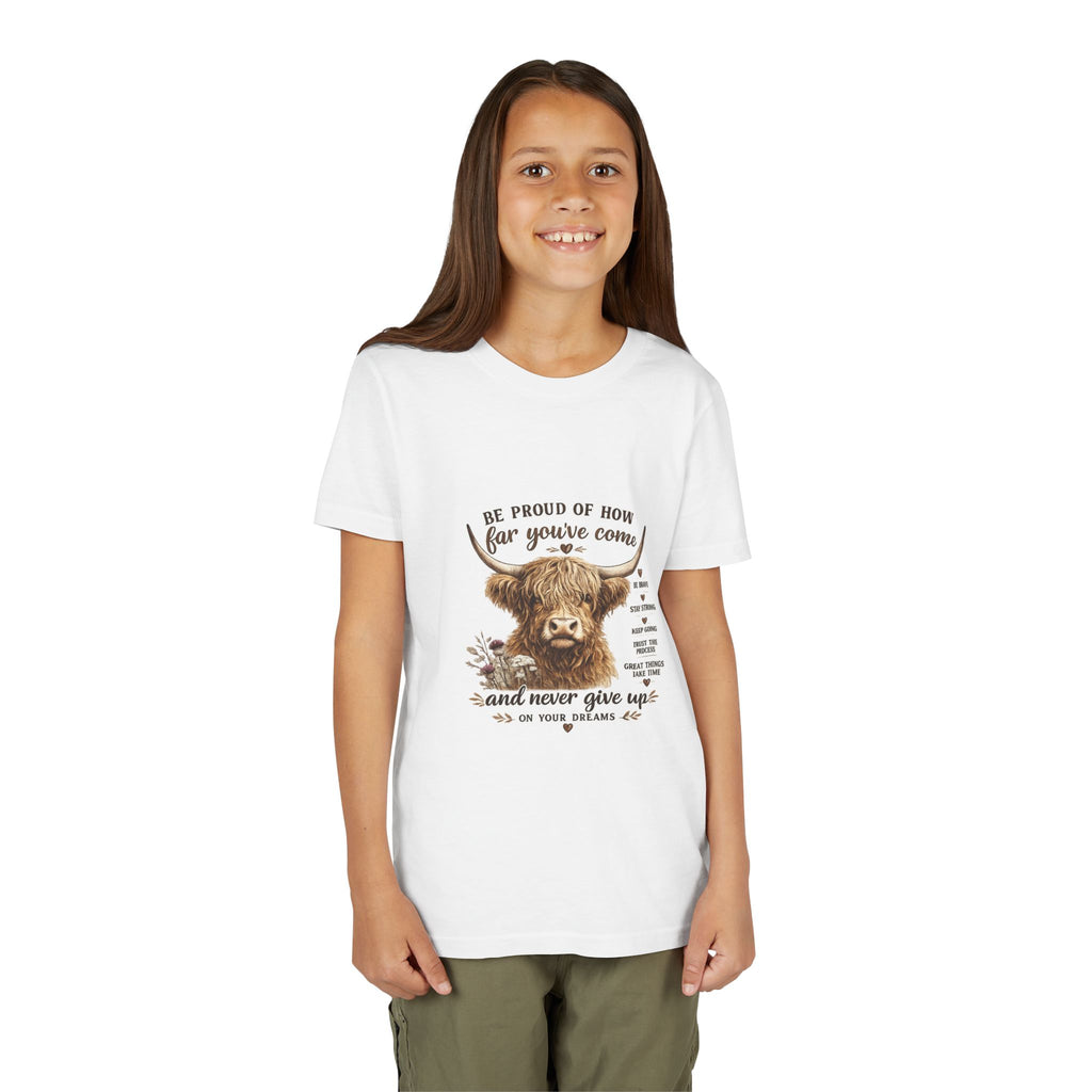 Highland Cow Kids T-Shirt | Be Proud of How Far You’ve Come Motivational Youth Tee | Inspirational Farm Animal Shirt for Boys & Girls