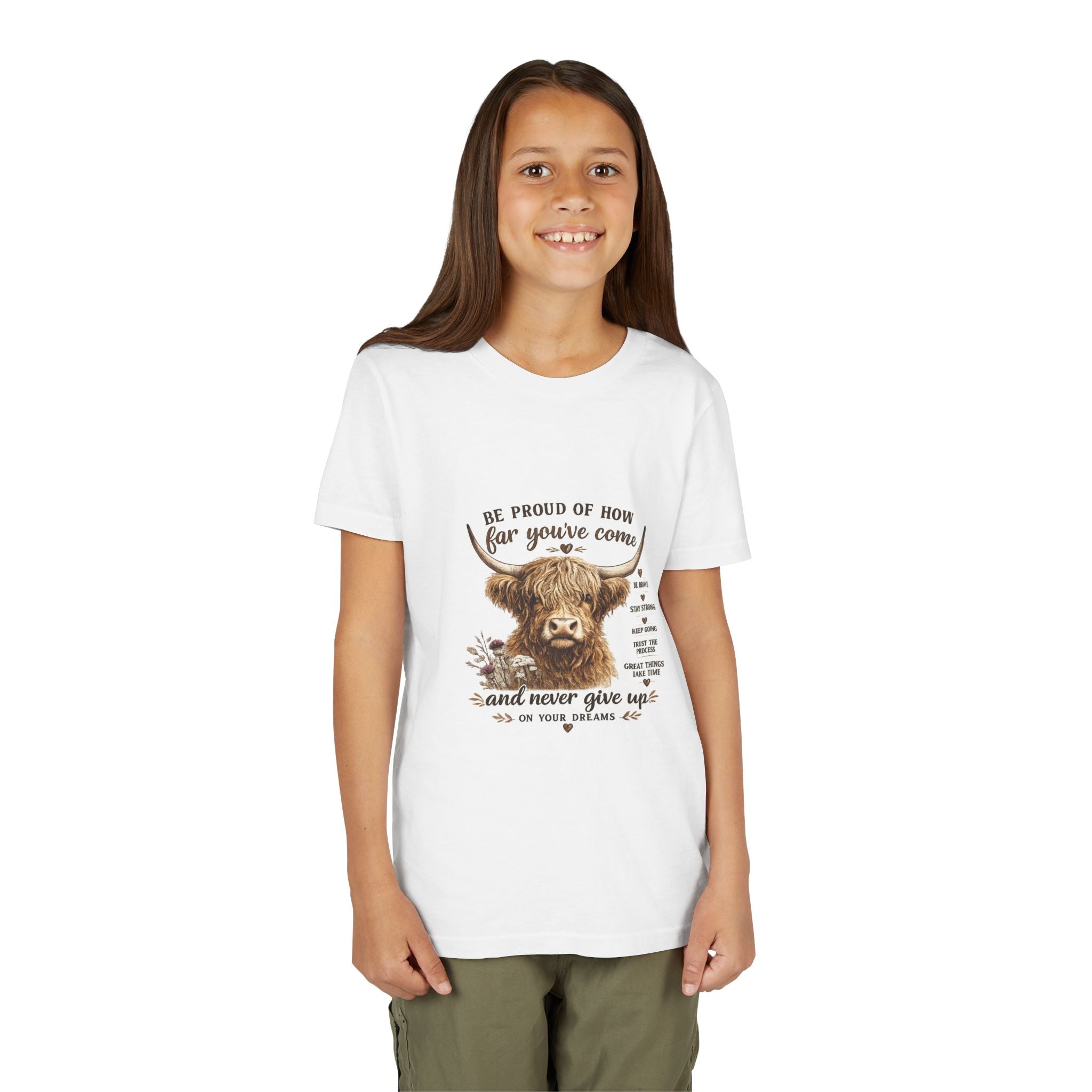 Highland Cow Kids T-Shirt | Be Proud of How Far You’ve Come Motivational Youth Tee | Inspirational Farm Animal Shirt for Boys & Girls