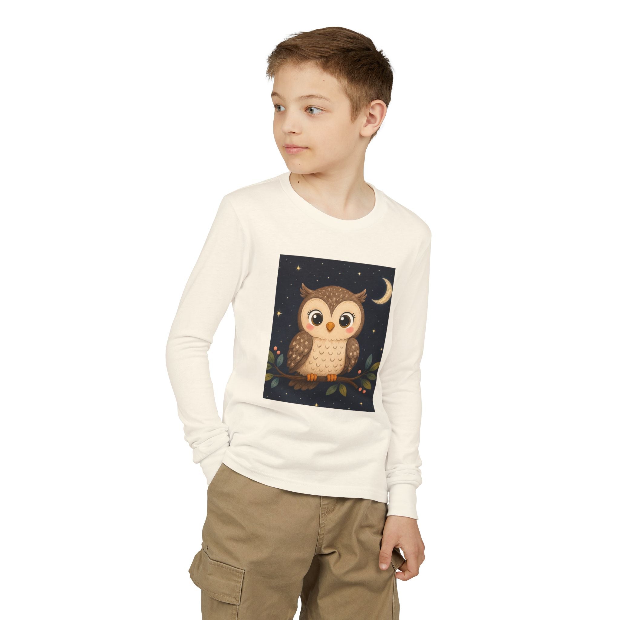 Cute Owl Youth Long Sleeve Shirt | Moon & Stars Night Owl Kids Graphic Tee | NeuroVibe Shop™