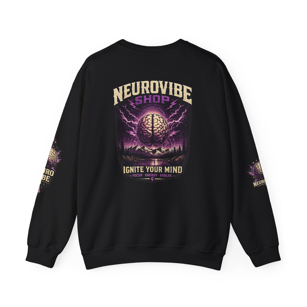 NeuroVibe Shop Ignite Your Mind Crewneck Sweatshirt | Purple Lightning Brain Graphic | Neurodiversity Awareness Pullover | Motivational Mental Health Apparel