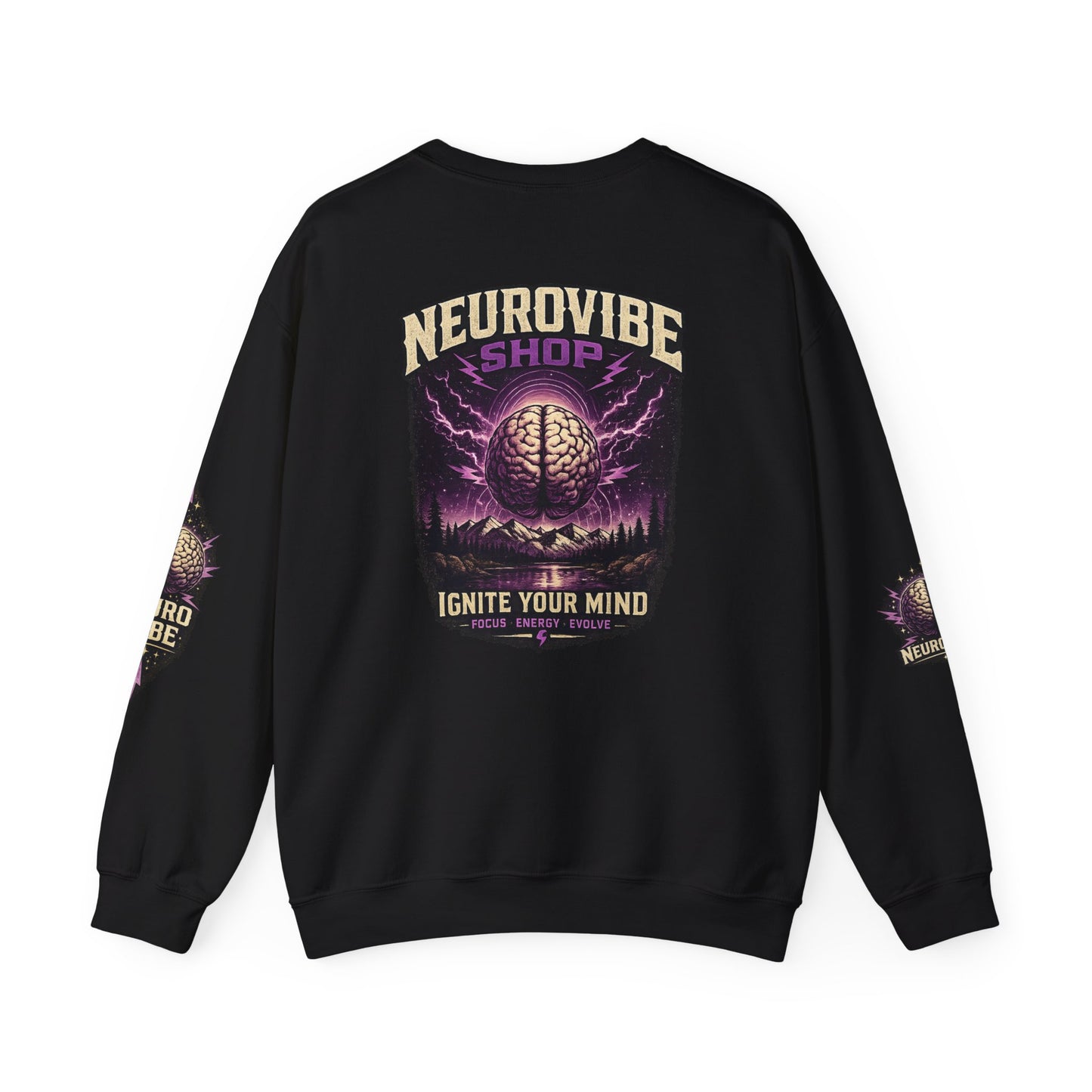 NeuroVibe Shop Ignite Your Mind Crewneck Sweatshirt | Purple Lightning Brain Graphic | Neurodiversity Awareness Pullover | Motivational Mental Health Apparel