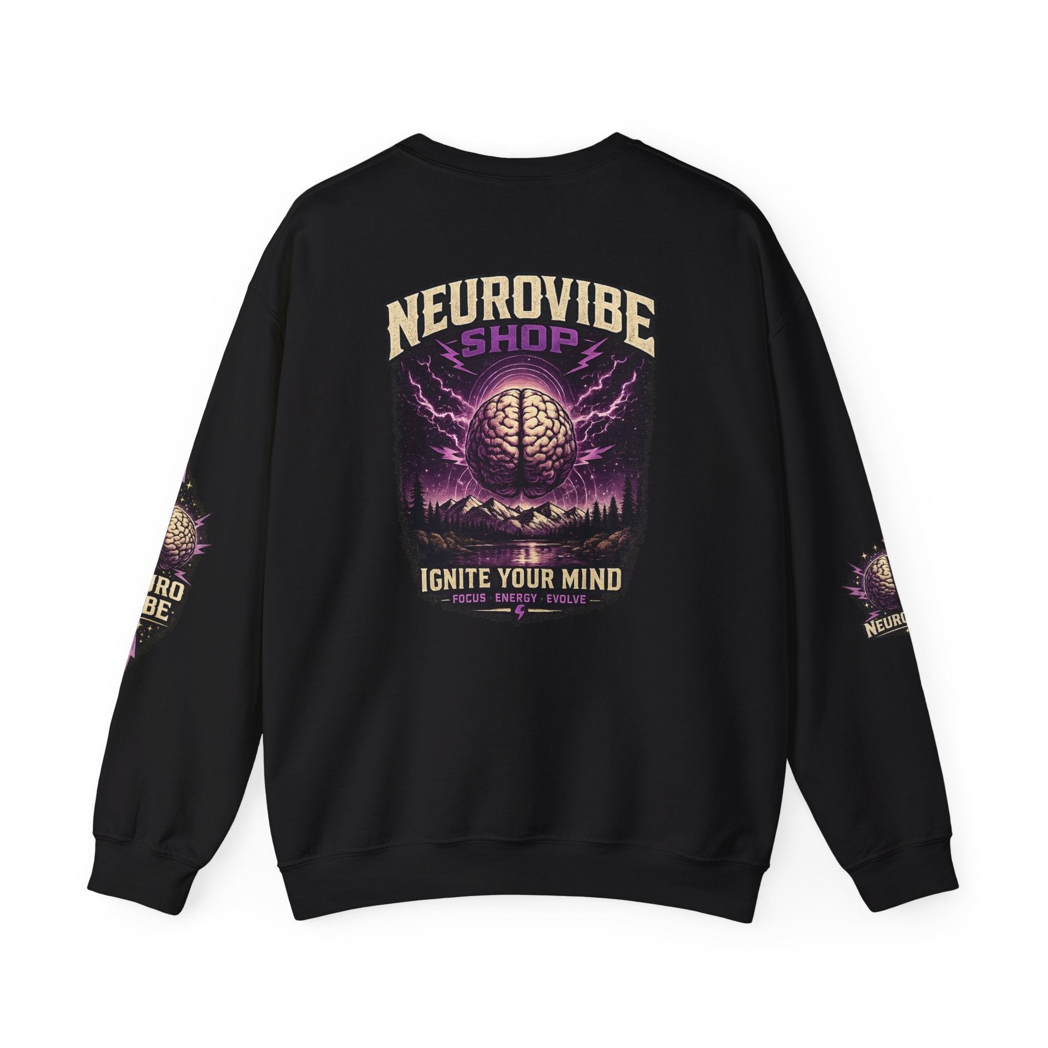 NeuroVibe Shop Ignite Your Mind Crewneck Sweatshirt | Purple Lightning Brain Graphic | Neurodiversity Awareness Pullover | Motivational Mental Health Apparel