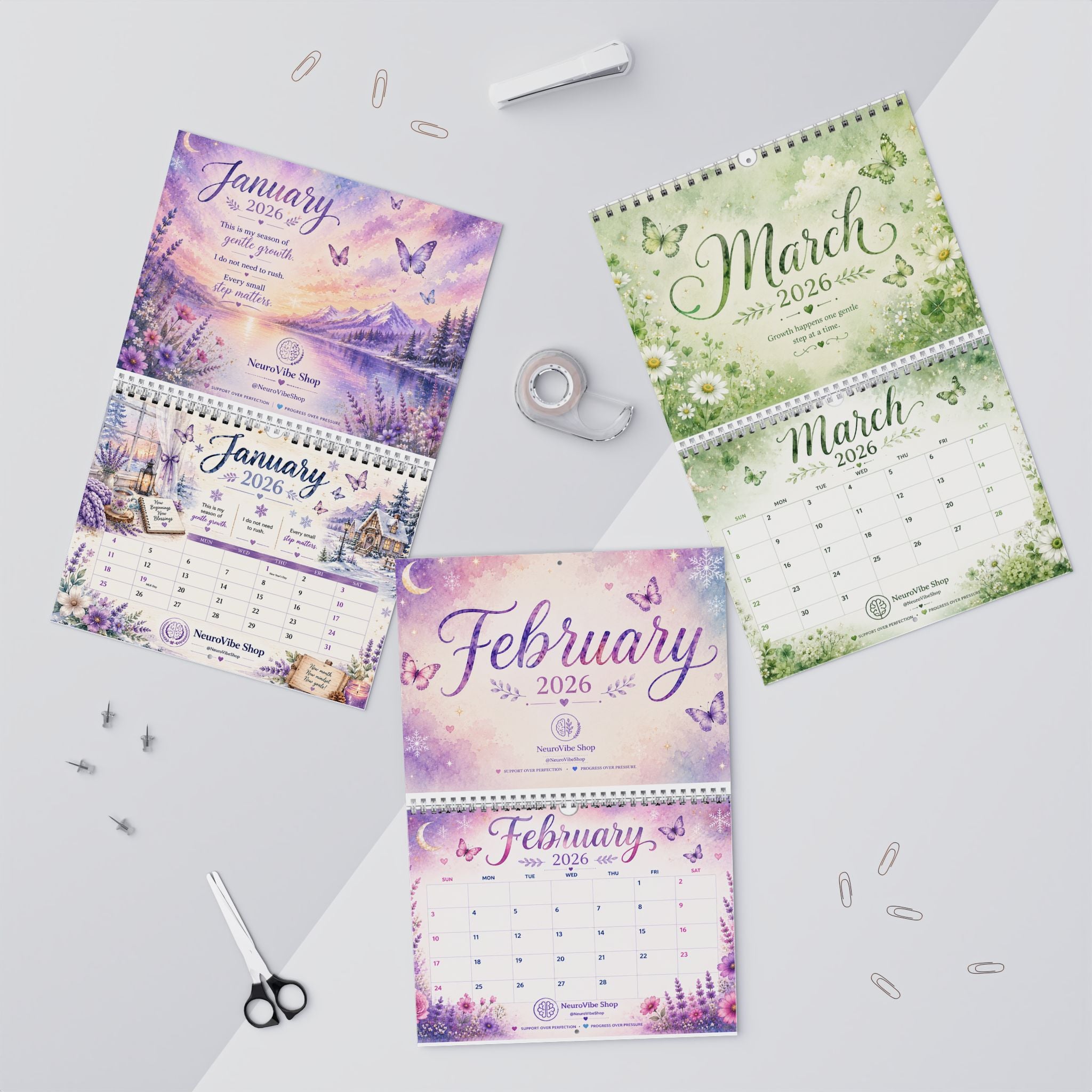 NeuroVibe 2026 Inspirational Wall Calendar | Watercolor Monthly Planner with Positive Affirmations, Mental Wellness Quotes, Purple Pastel Artwork & Organization Calendar
