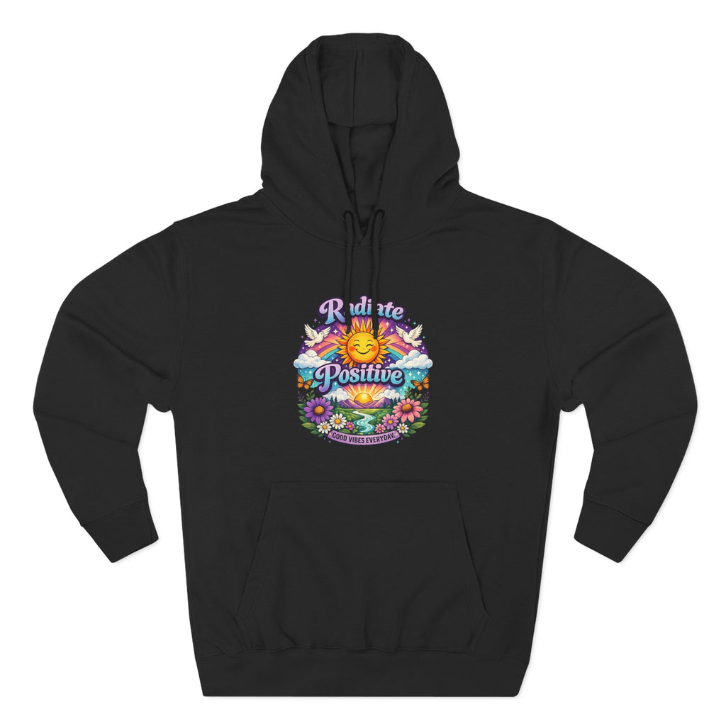 Radiate Positive Hoodie – Front Graphic with Cuddle Crew Back Design | Purple Teal Sunshine Hoodie | Positive Vibes Mental Health Apparel