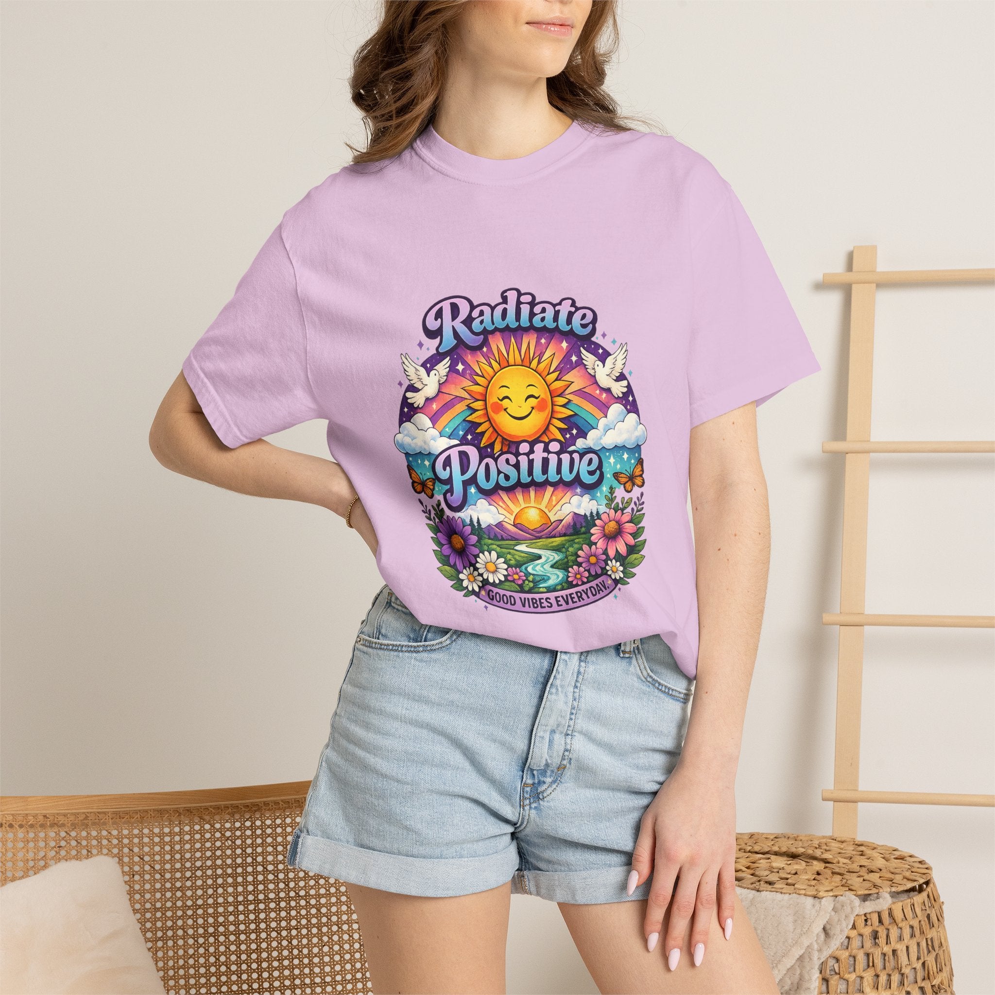Radiate Positive Shirt – Groovy Purple & Teal Sunshine Floral Tee | Mental Health Awareness Gift