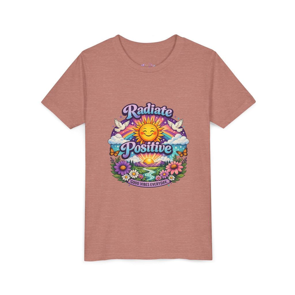 Youth Radiate Positive T-Shirt – Purple & Teal Retro Sunshine Inspirational Graphic Tee | Good Vibes Everyday Boho Floral Shirt | Motivational Mental Health Apparel