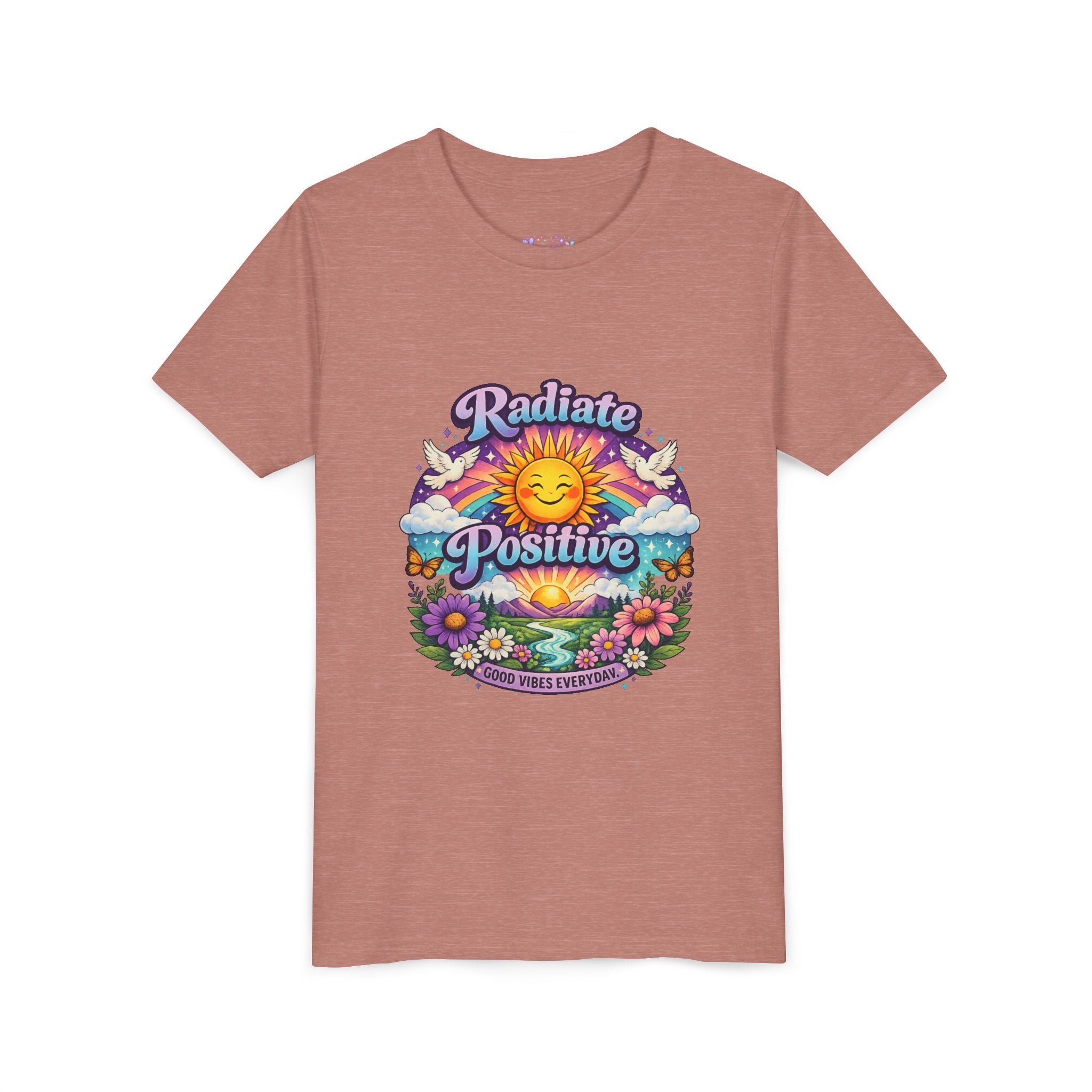 Youth Radiate Positive T-Shirt – Purple & Teal Retro Sunshine Inspirational Graphic Tee | Good Vibes Everyday Boho Floral Shirt | Motivational Mental Health Apparel