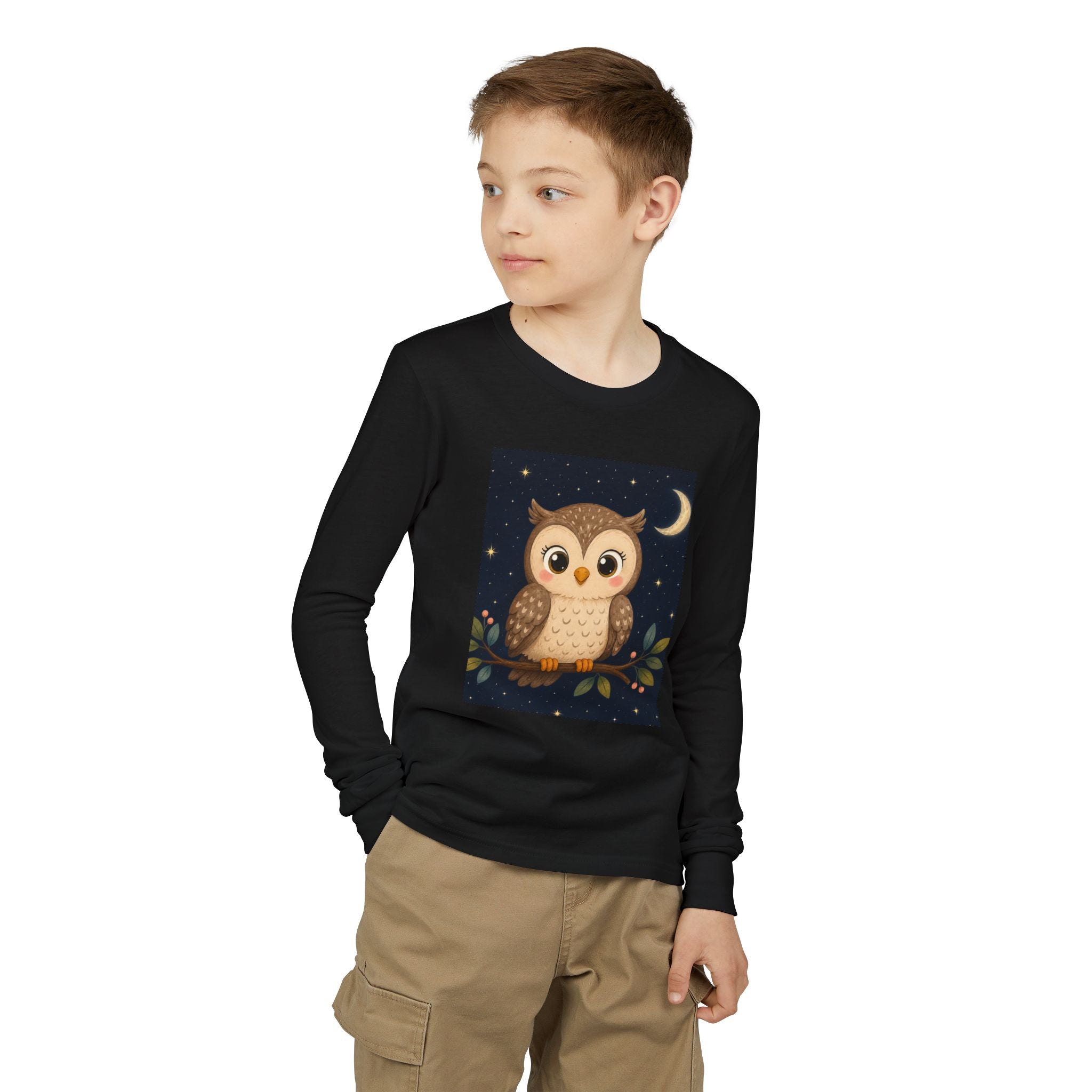 Cute Owl Youth Long Sleeve Shirt | Moon & Stars Night Owl Kids Graphic Tee | NeuroVibe Shop™