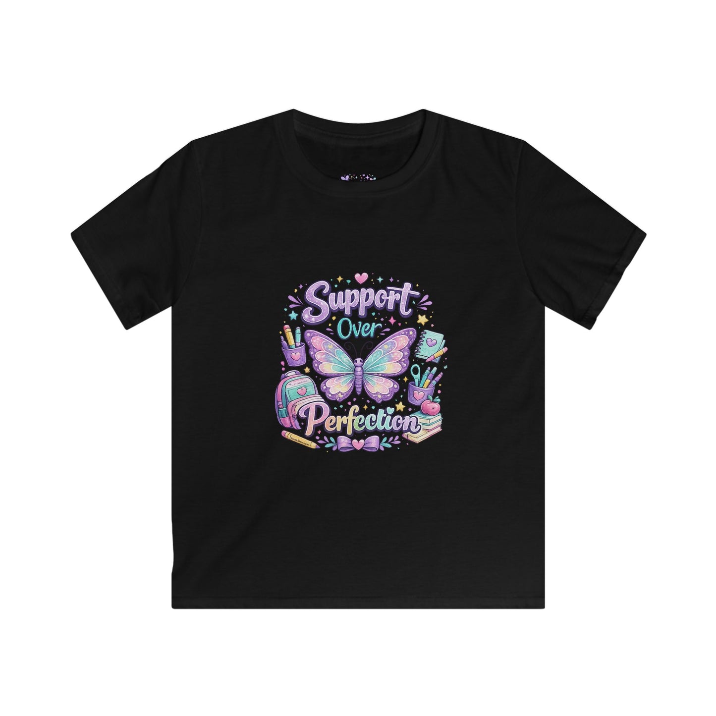 Support Over Perfection T-Shirt | Butterfly School Graphic Tee | Neurodiversity Awareness Apparel 🚌💜📚🌈