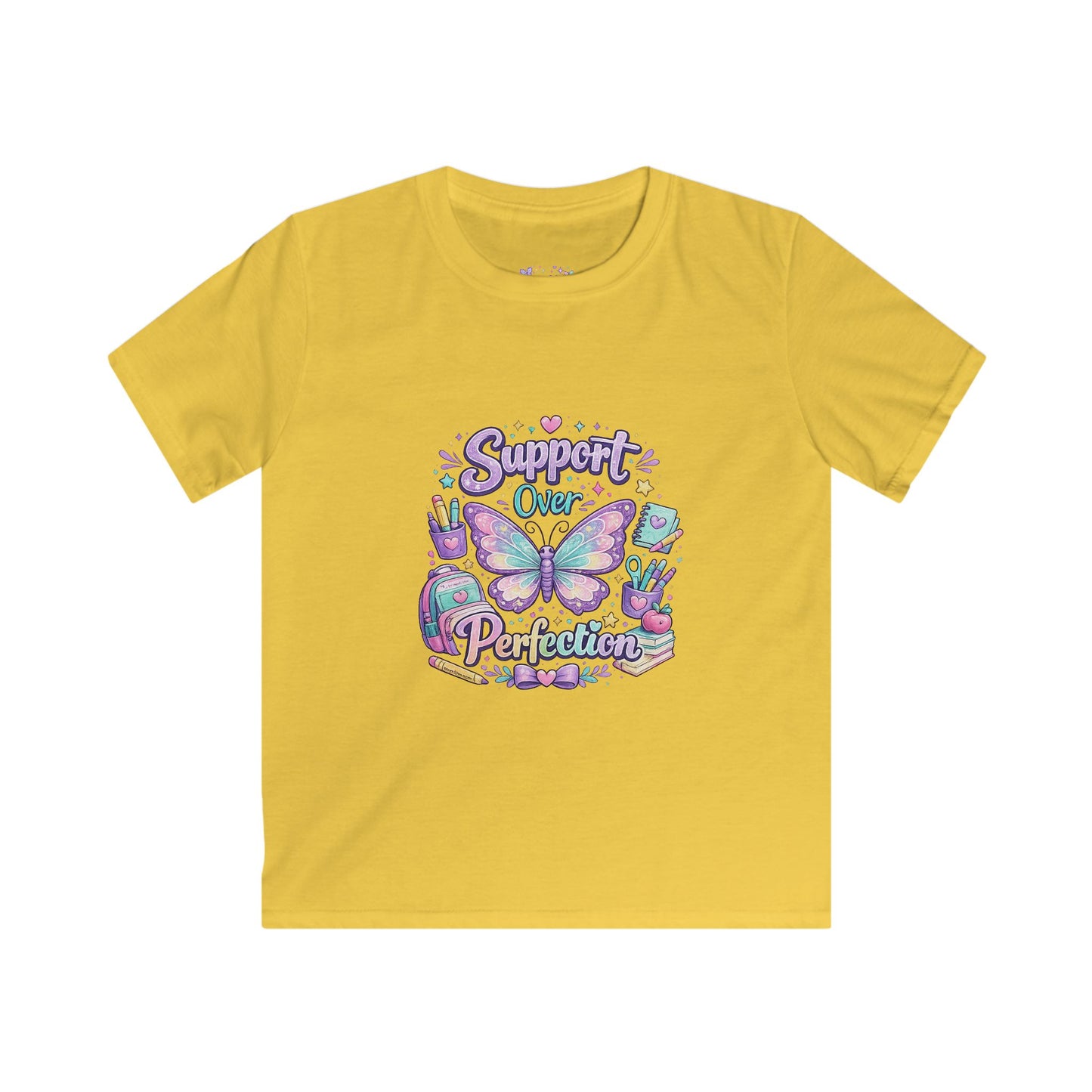 Support Over Perfection T-Shirt | Butterfly School Graphic Tee | Neurodiversity Awareness Apparel 🚌💜📚🌈