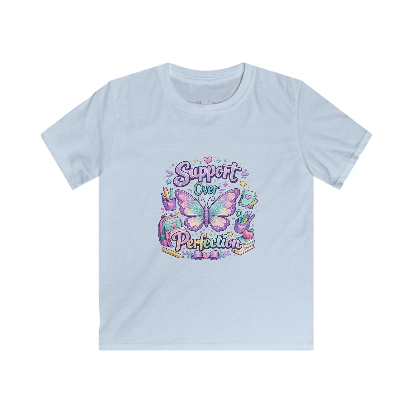 Support Over Perfection T-Shirt | Butterfly School Graphic Tee | Neurodiversity Awareness Apparel 🚌💜📚🌈