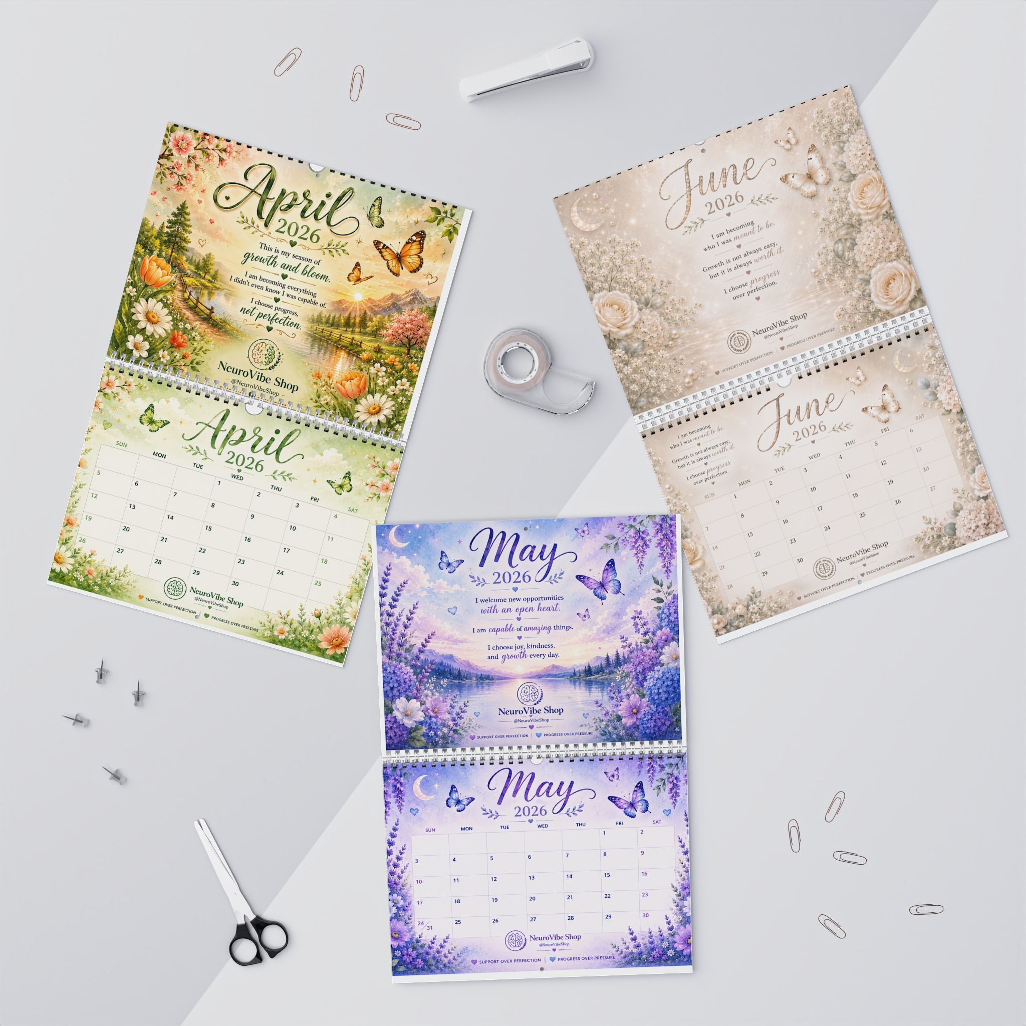 NeuroVibe 2026 Inspirational Wall Calendar | Watercolor Monthly Planner with Positive Affirmations, Mental Wellness Quotes, Purple Pastel Artwork & Organization Calendar