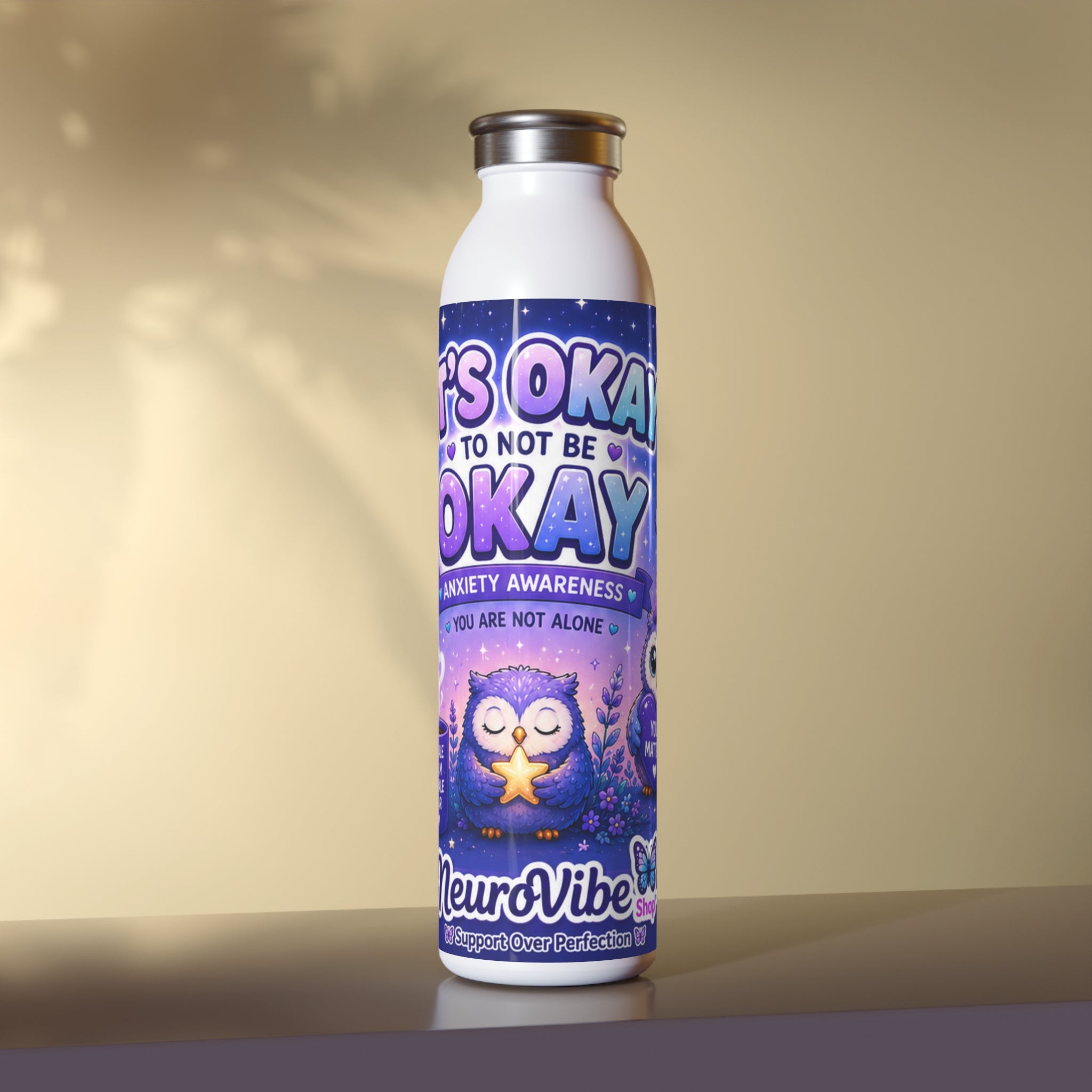 NeuroVibe Anxiety Awareness Water Bottle | “It’s Okay to Not Be Okay” Owl Mental Health Tumbler | NeuroVibe Shop™