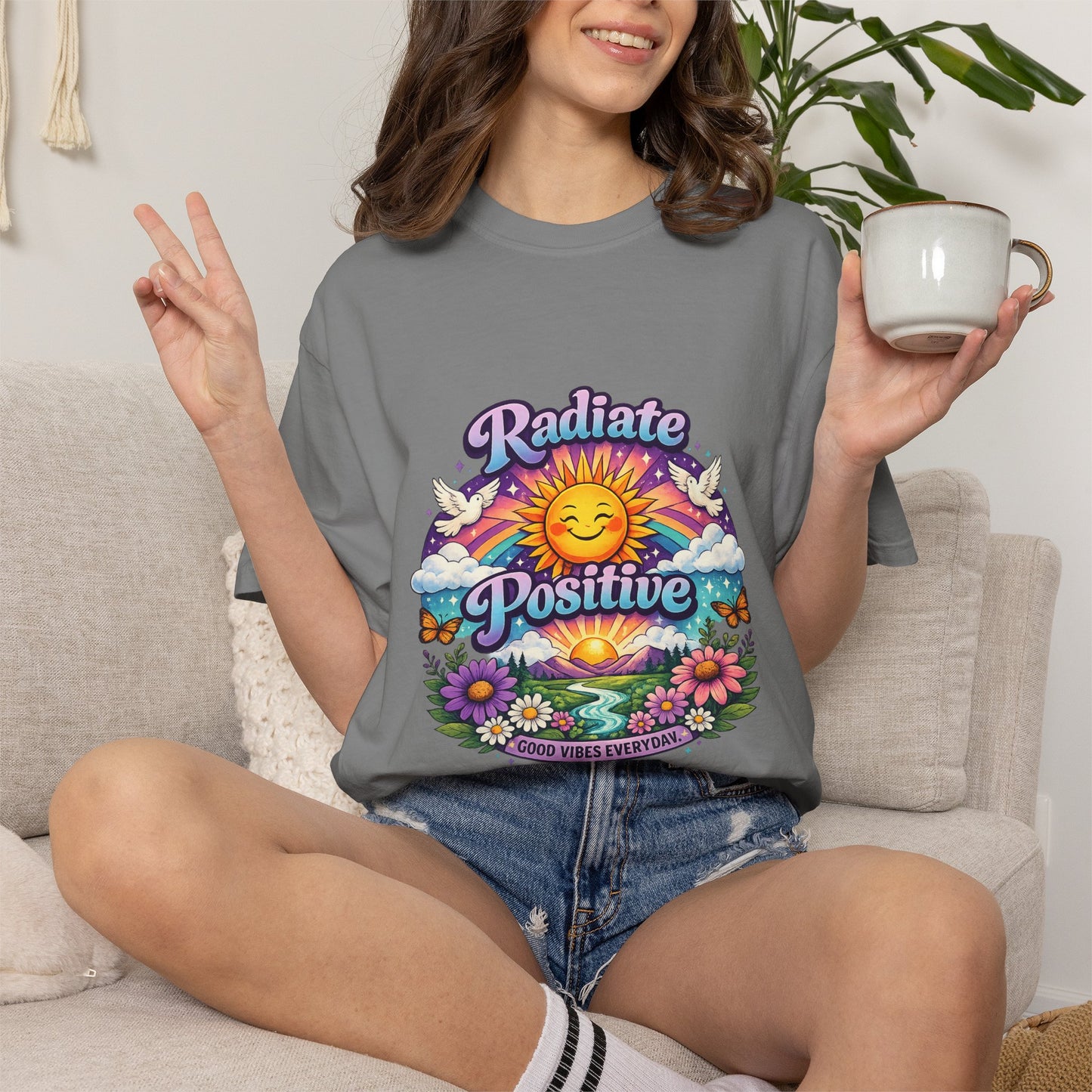 Radiate Positive Shirt – Groovy Purple & Teal Sunshine Floral Tee | Mental Health Awareness Gift