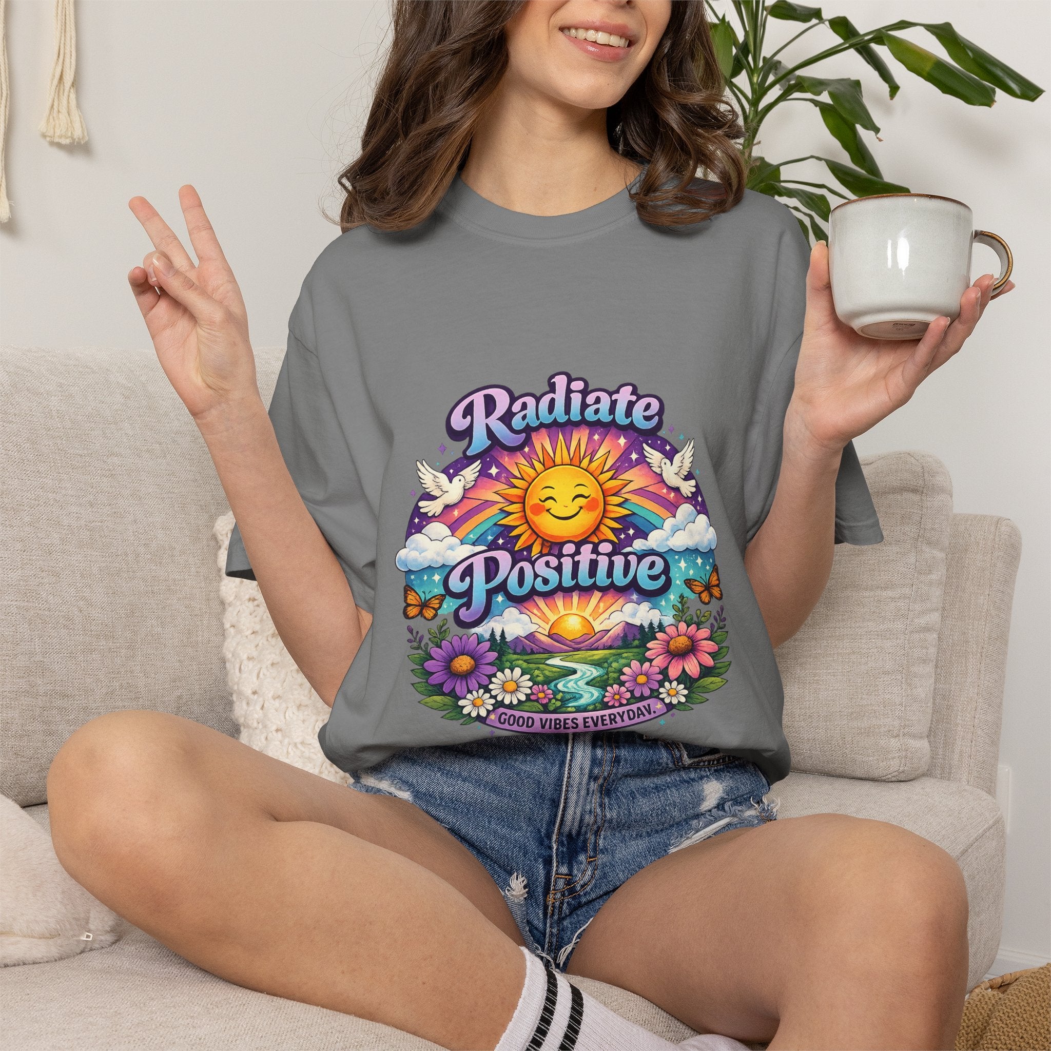Radiate Positive Shirt – Groovy Purple & Teal Sunshine Floral Tee | Mental Health Awareness Gift