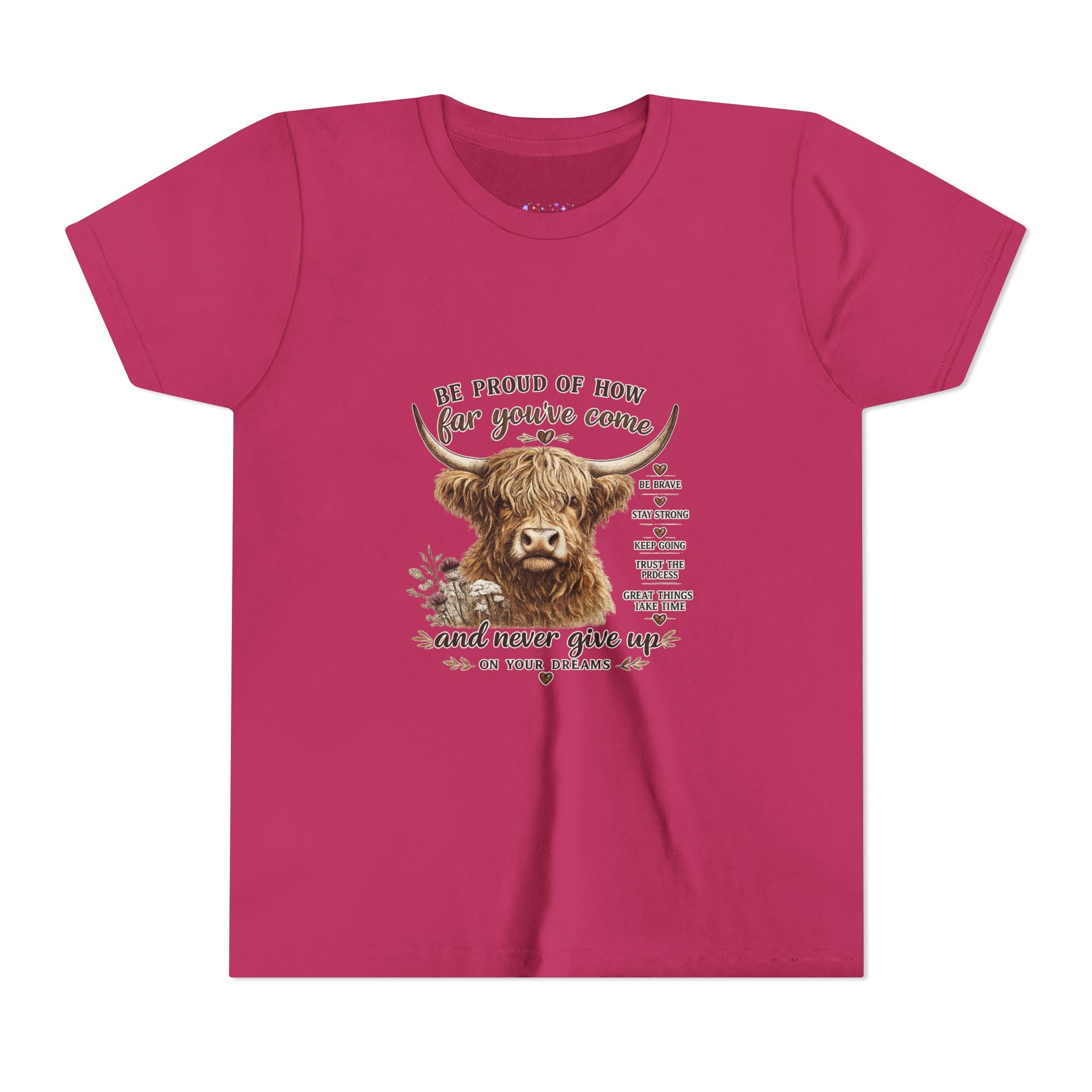 Highland Cow Kids T-Shirt | Be Proud of How Far You’ve Come Motivational Youth Tee | Inspirational Farm Animal Shirt for Boys & Girls