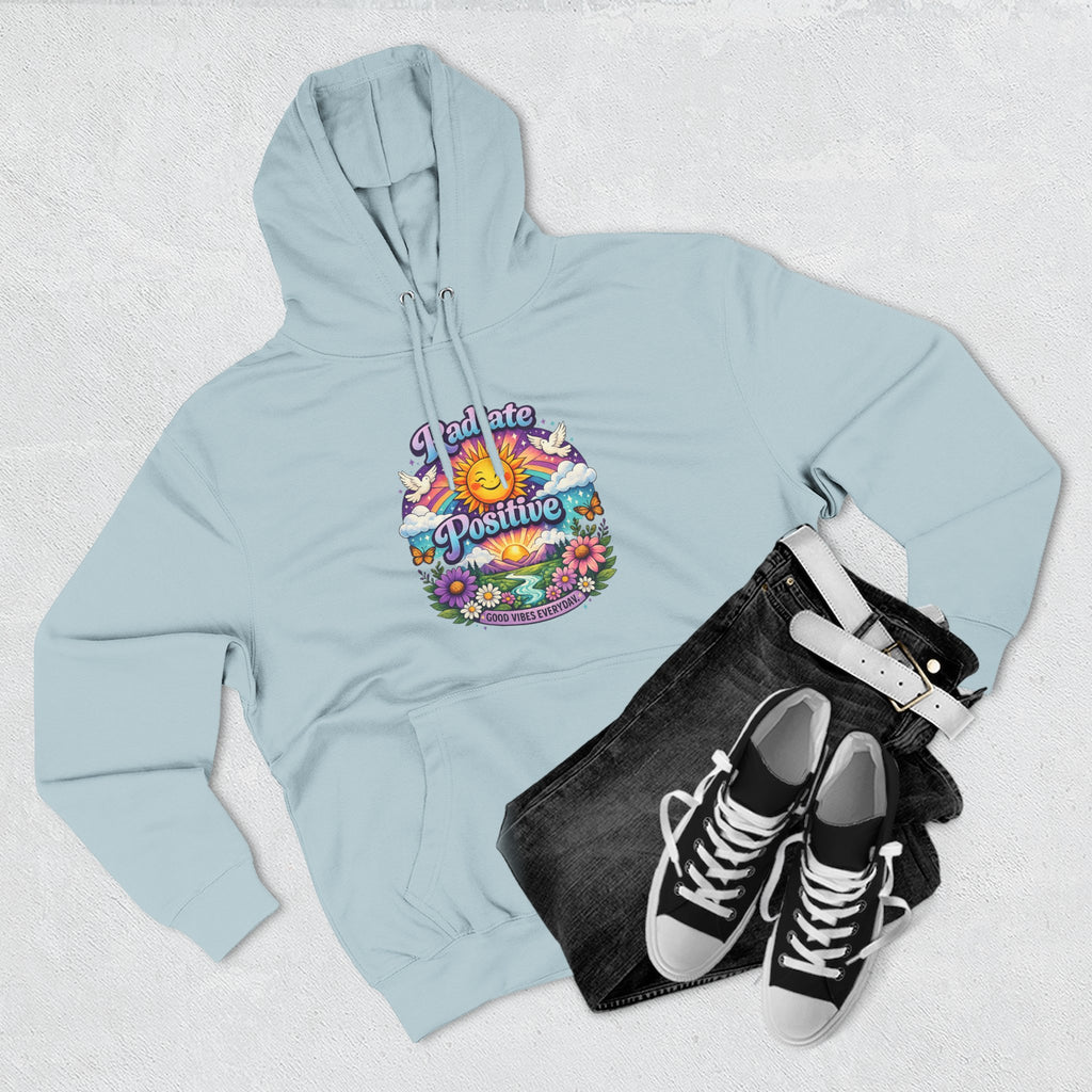 Radiate Positive Hoodie – Front Graphic with Cuddle Crew Back Design | Purple Teal Sunshine Hoodie | Positive Vibes Mental Health Apparel