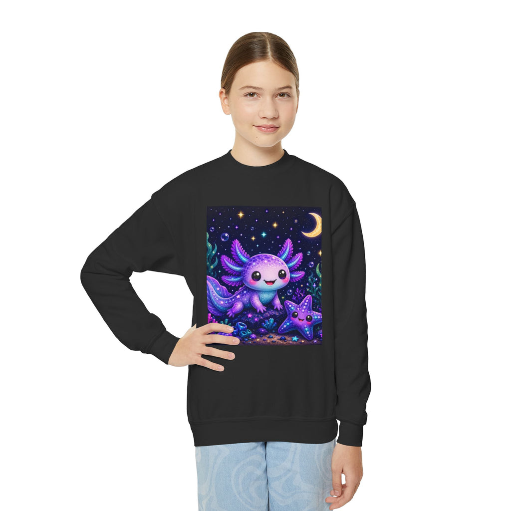 Axolotl Moonlight Youth Crewneck Sweatshirt | Cute Kawaii Night Sky Kids Pullover | NeuroVibe Shop™