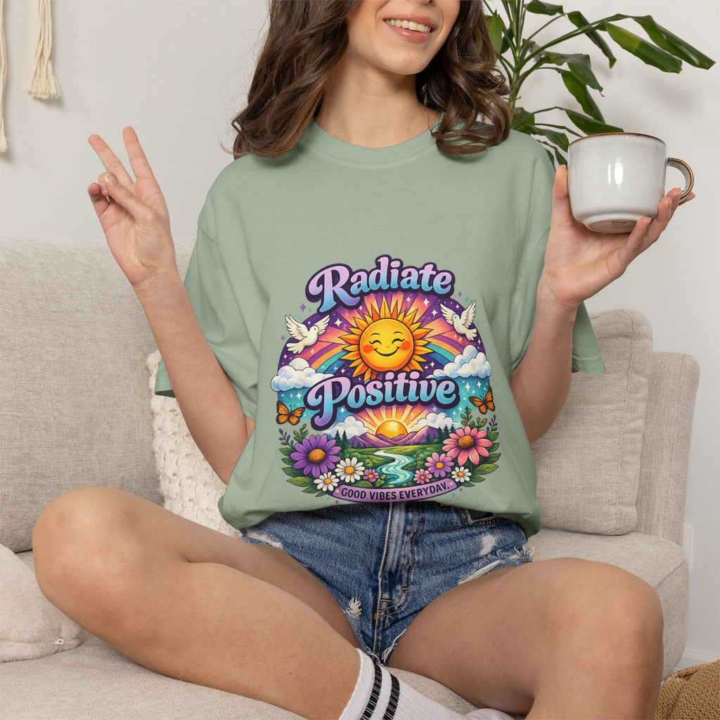 Radiate Positive Shirt – Groovy Purple & Teal Sunshine Floral Tee | Mental Health Awareness Gift