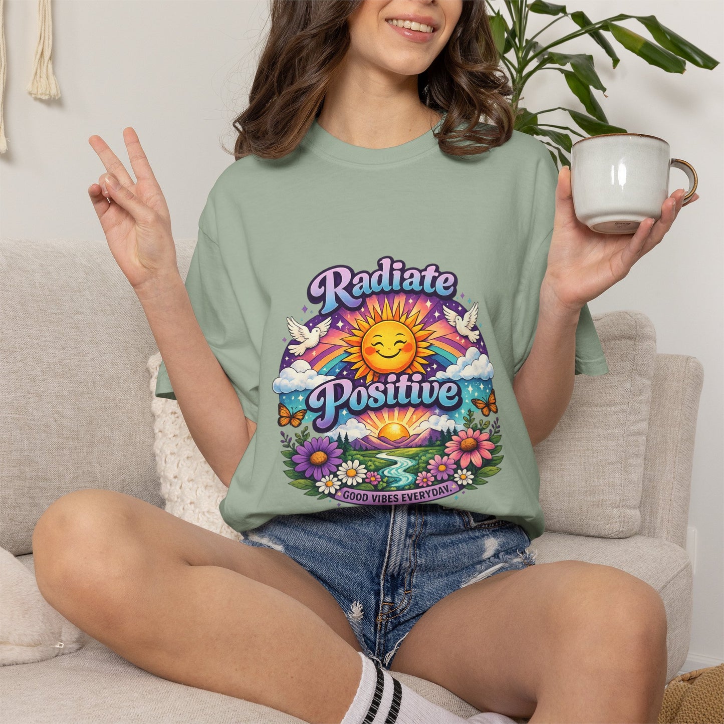 Radiate Positive Shirt – Groovy Purple & Teal Sunshine Floral Tee | Mental Health Awareness Gift