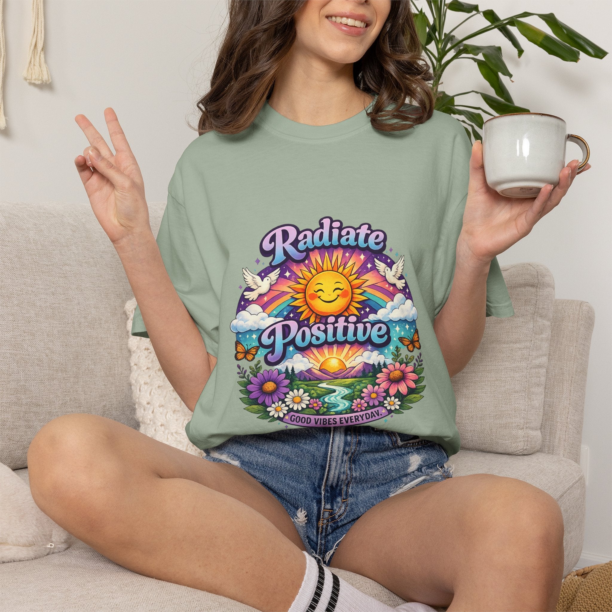 Radiate Positive Shirt – Groovy Purple & Teal Sunshine Floral Tee | Mental Health Awareness Gift