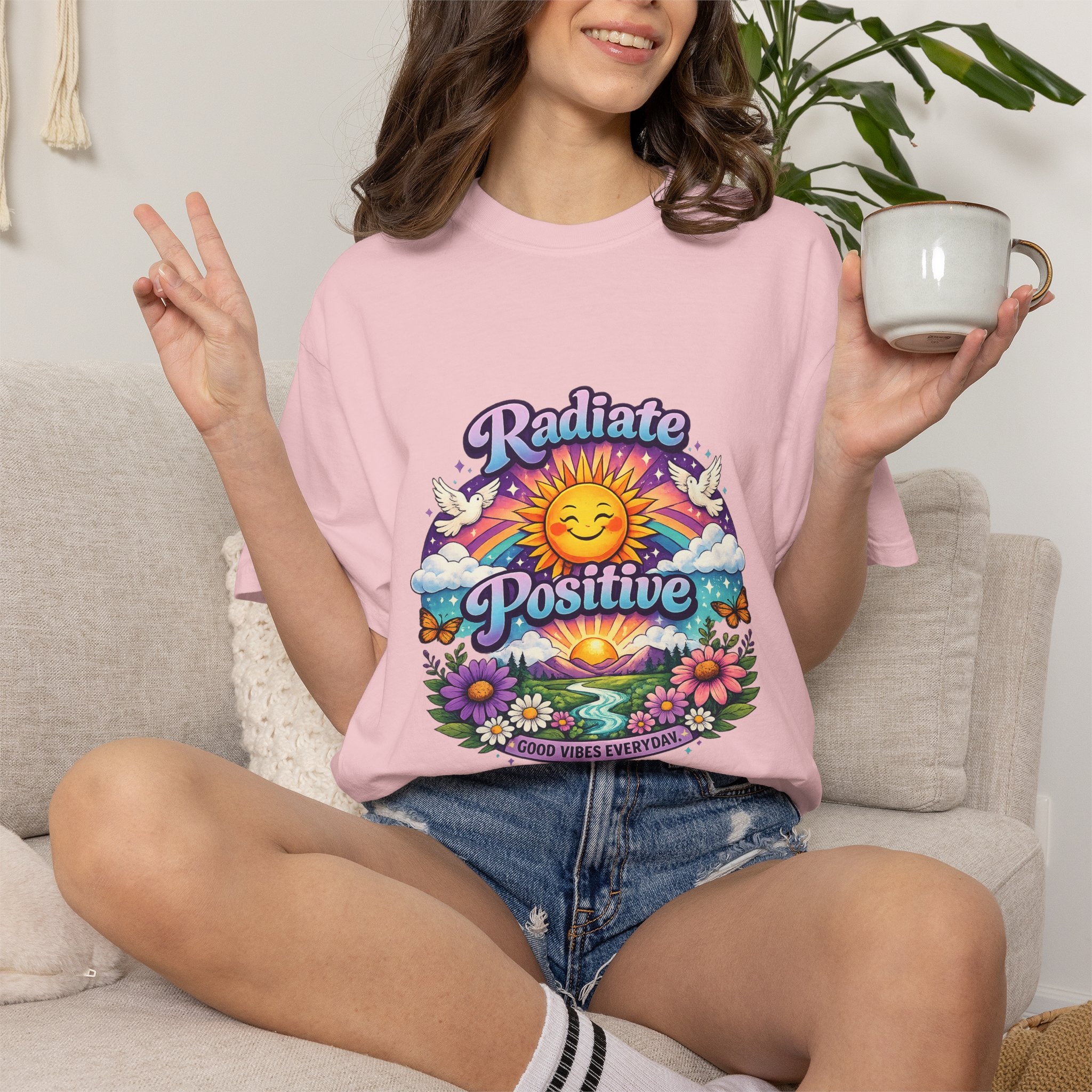 Radiate Positive Shirt – Groovy Purple & Teal Sunshine Floral Tee | Mental Health Awareness Gift