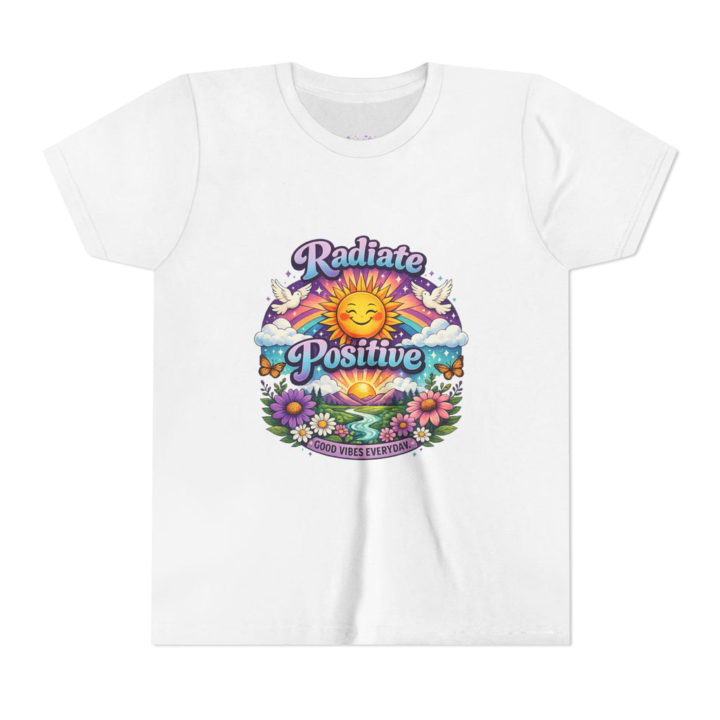 Youth Radiate Positive T-Shirt – Purple & Teal Retro Sunshine Inspirational Graphic Tee | Good Vibes Everyday Boho Floral Shirt | Motivational Mental Health Apparel