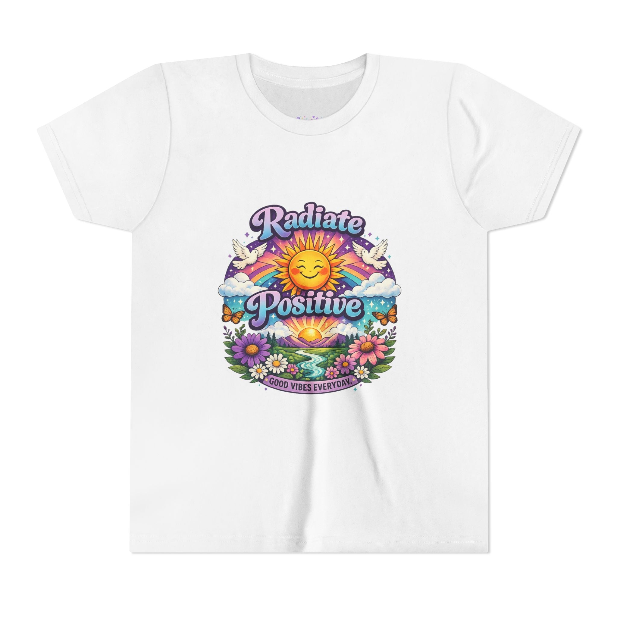 Youth Radiate Positive T-Shirt – Purple & Teal Retro Sunshine Inspirational Graphic Tee | Good Vibes Everyday Boho Floral Shirt | Motivational Mental Health Apparel